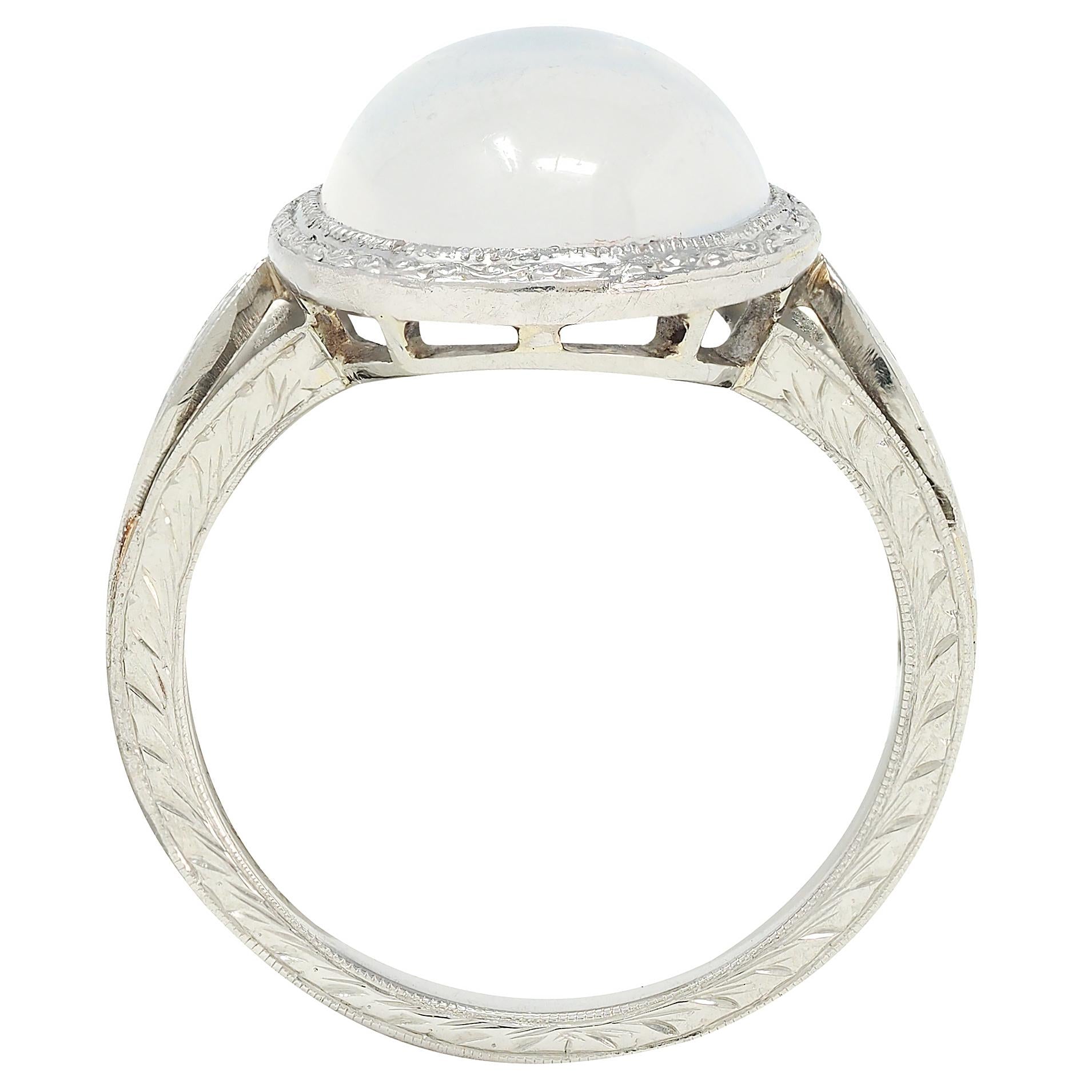 Art Deco Moonstone 18 Karat White Gold Vintage Wheat Dinner Ring