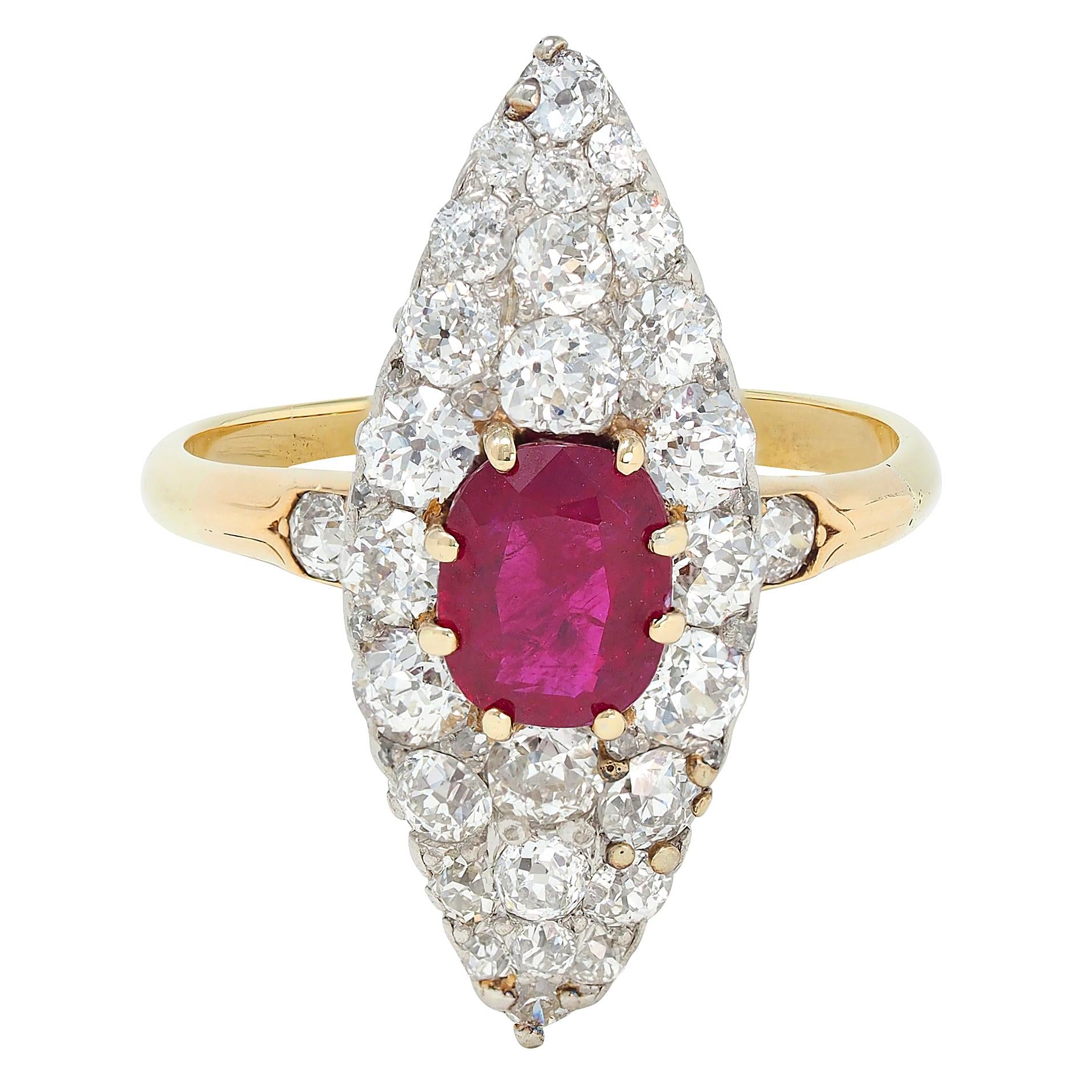 Edwardian Burma Ruby Diamond 18K Yellow Gold Antique Cluster Navette Ring