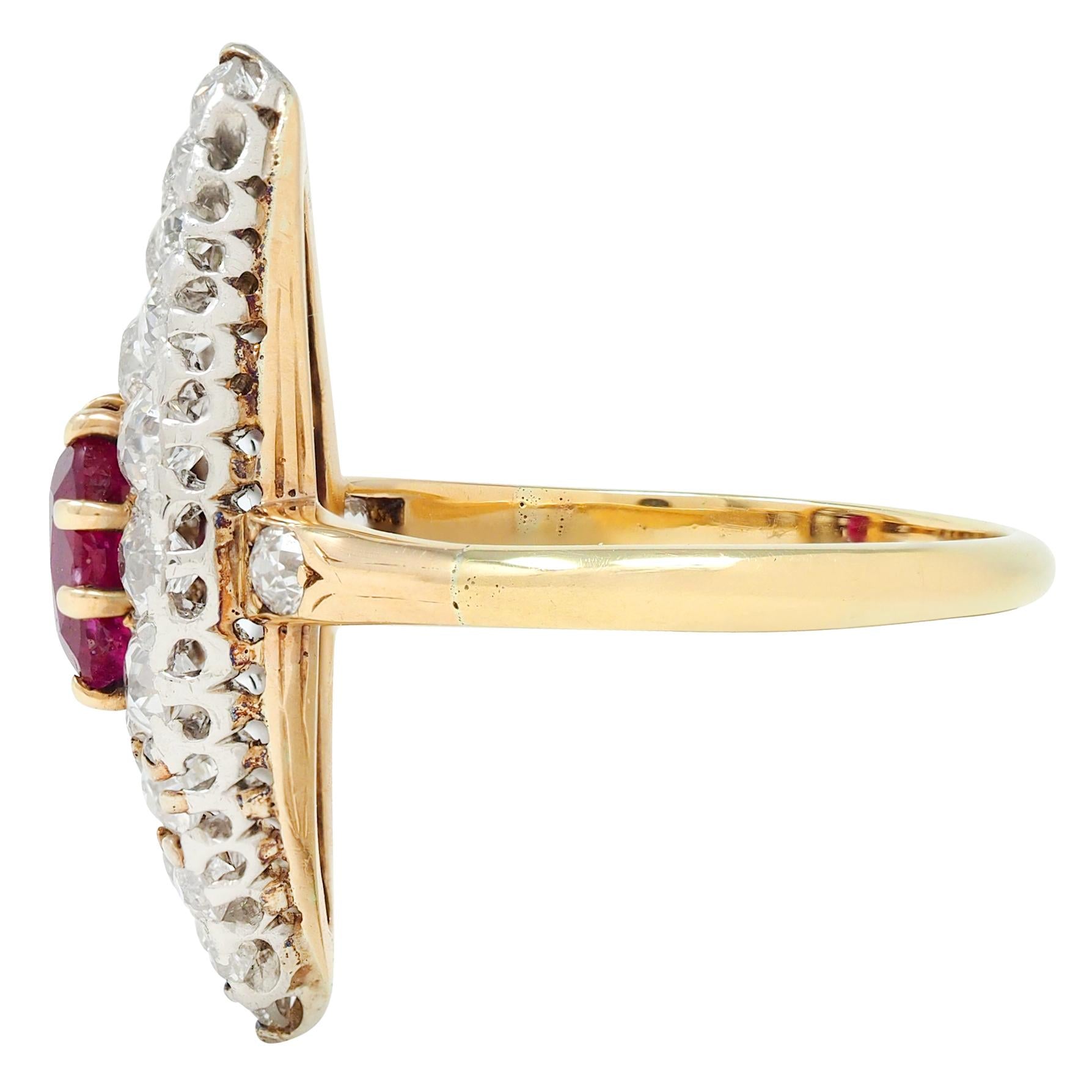 Edwardian Burma Ruby Diamond 18K Yellow Gold Antique Cluster Navette Ring