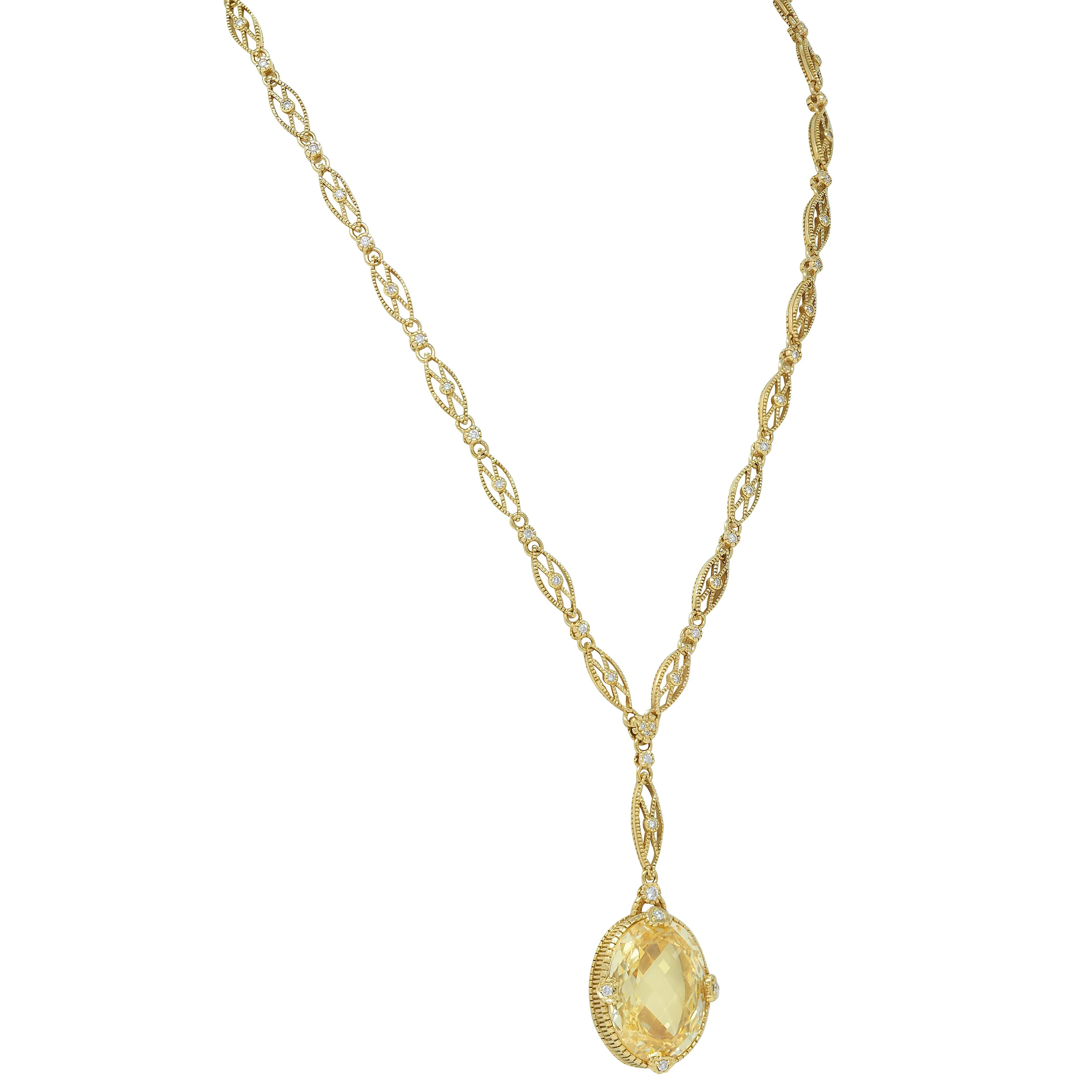 Judith Ripka 2000's Canary Quartz Diamond 18 Karat Gold Sautoir Drop Necklace