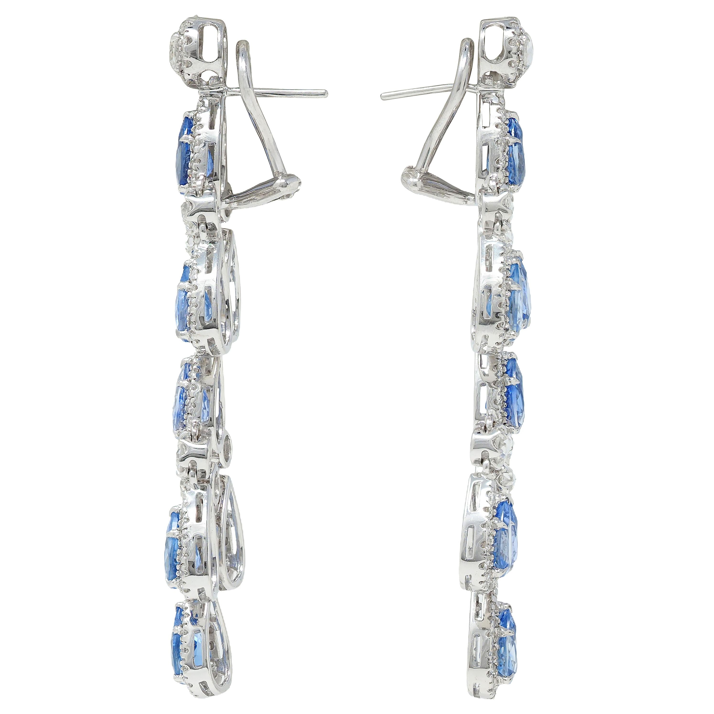 Contemporary 17.72 CTW Blue Sapphire Diamond 18K Gold Chandelier Drop Earrings