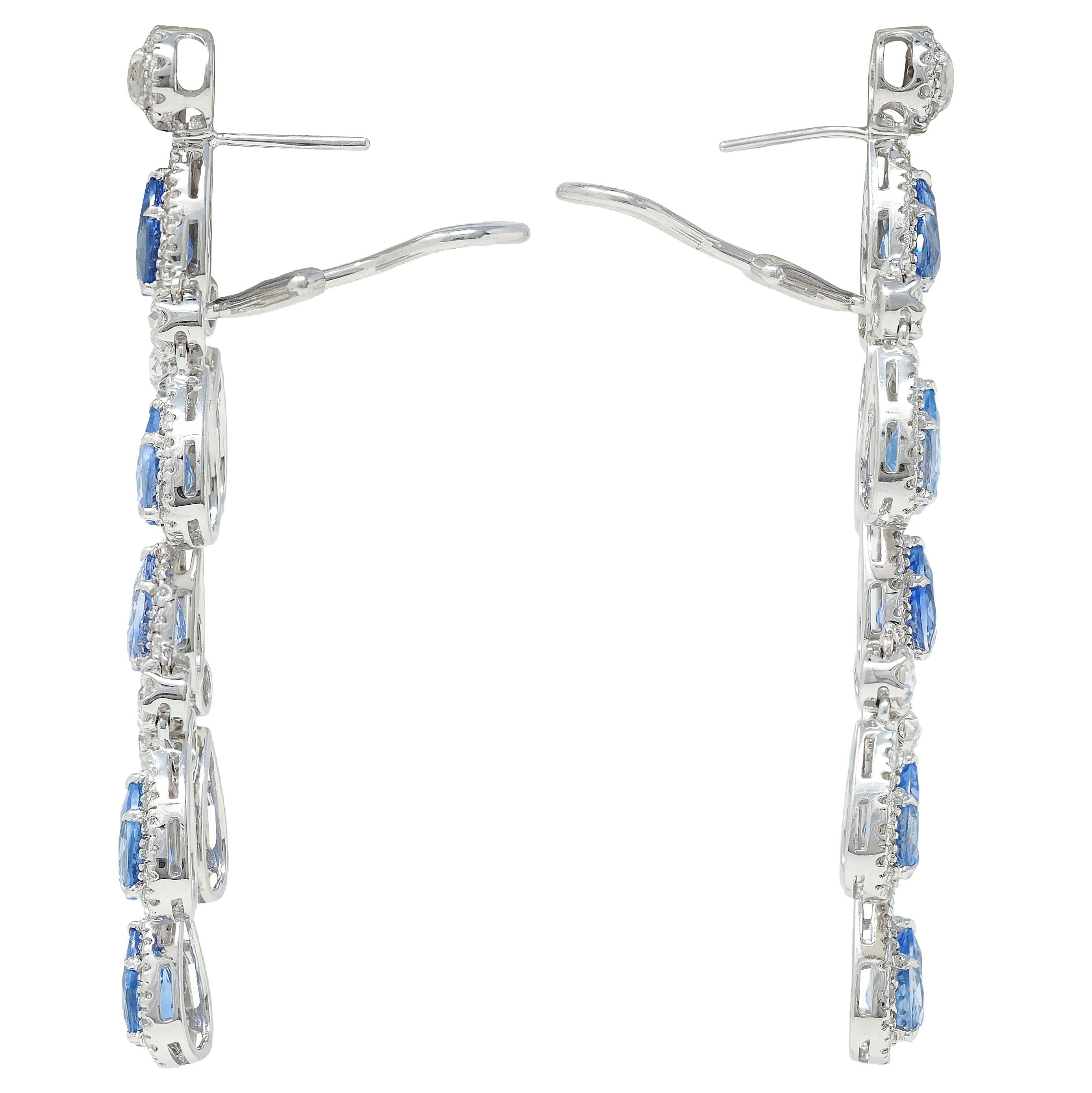 Contemporary 17.72 CTW Blue Sapphire Diamond 18K Gold Chandelier Drop Earrings