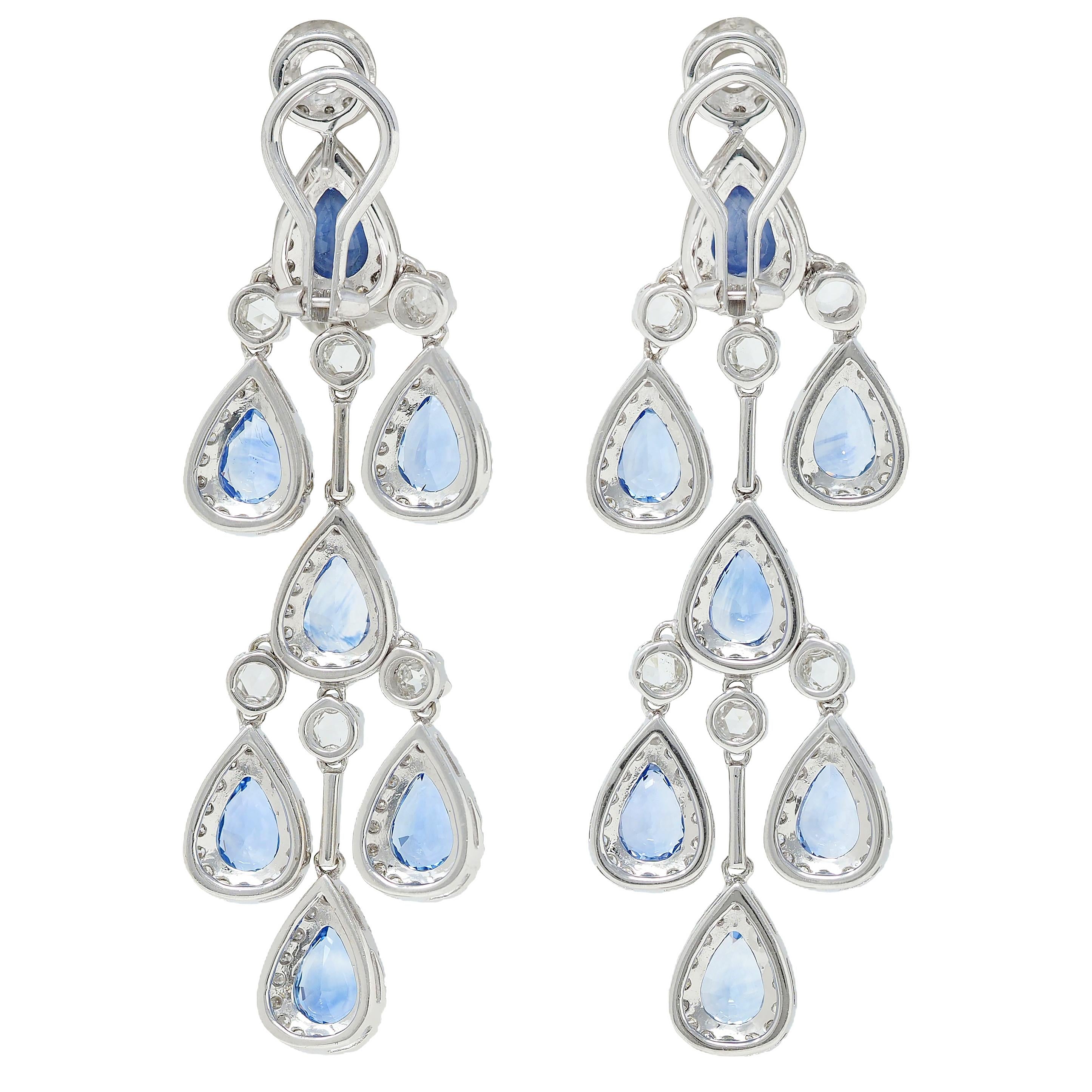 Contemporary 17.72 CTW Blue Sapphire Diamond 18K Gold Chandelier Drop Earrings