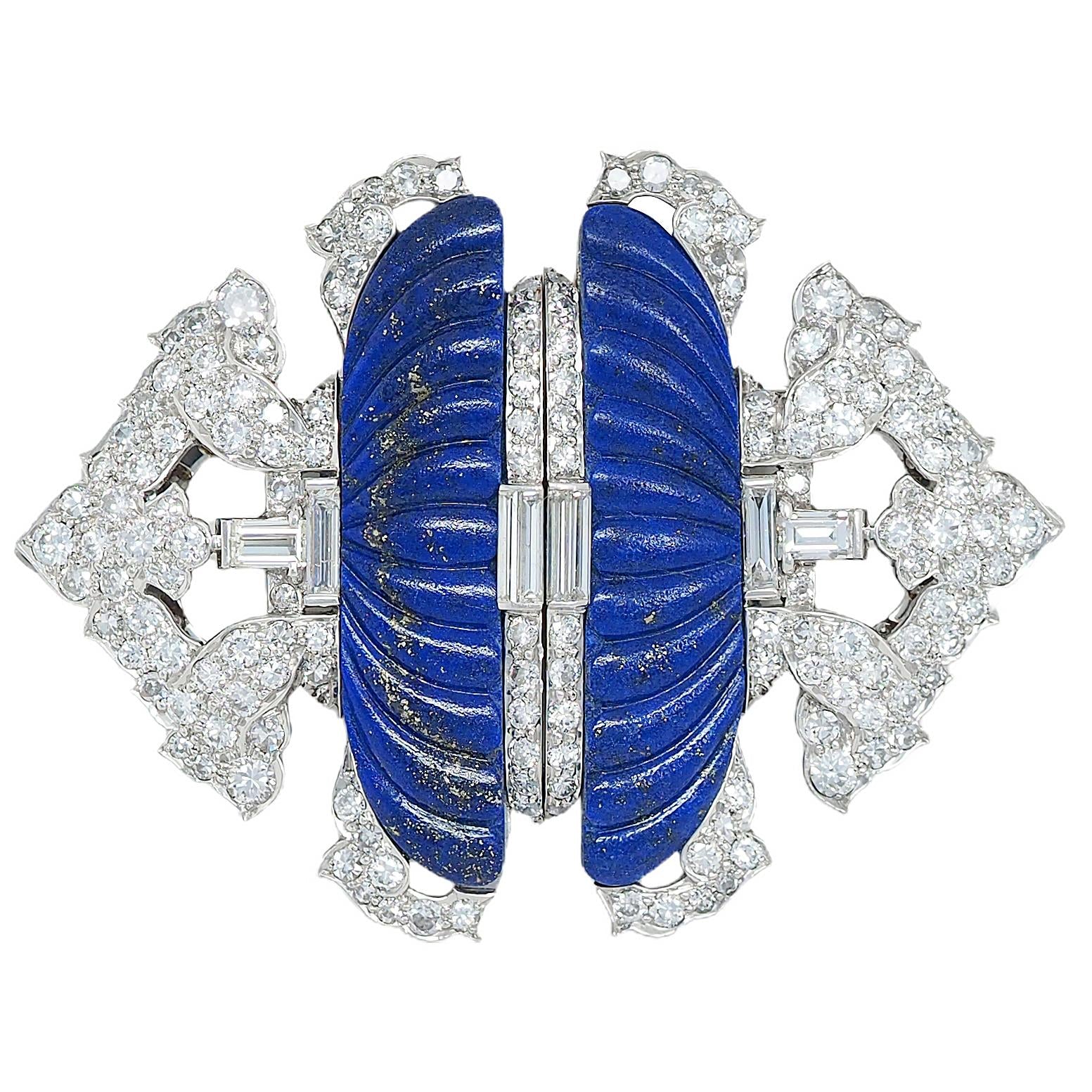 Art Deco Diamond Lapis Lazuli Platinum 18K Gold Vintage Foliate Brooch Clips