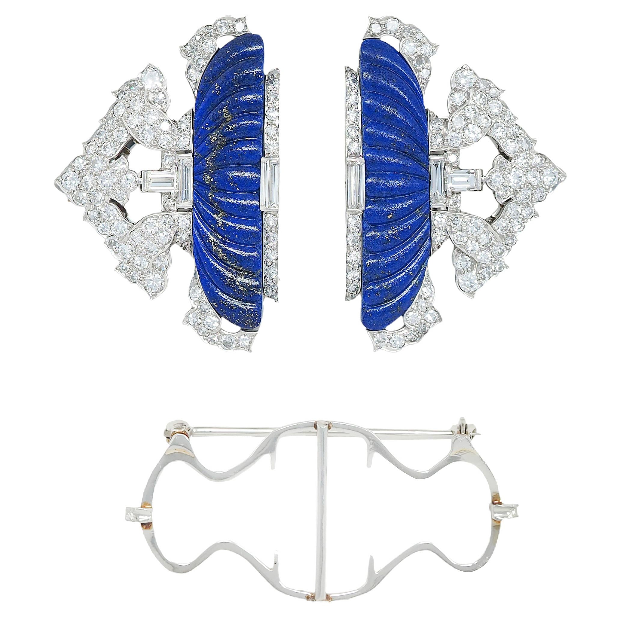 Art Deco Diamond Lapis Lazuli Platinum 18K Gold Vintage Foliate Brooch Clips