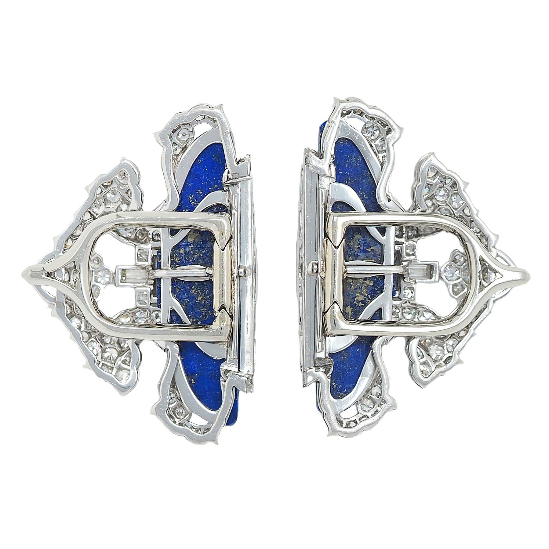 Art Deco Diamond Lapis Lazuli Platinum 18K Gold Vintage Foliate Brooch Clips