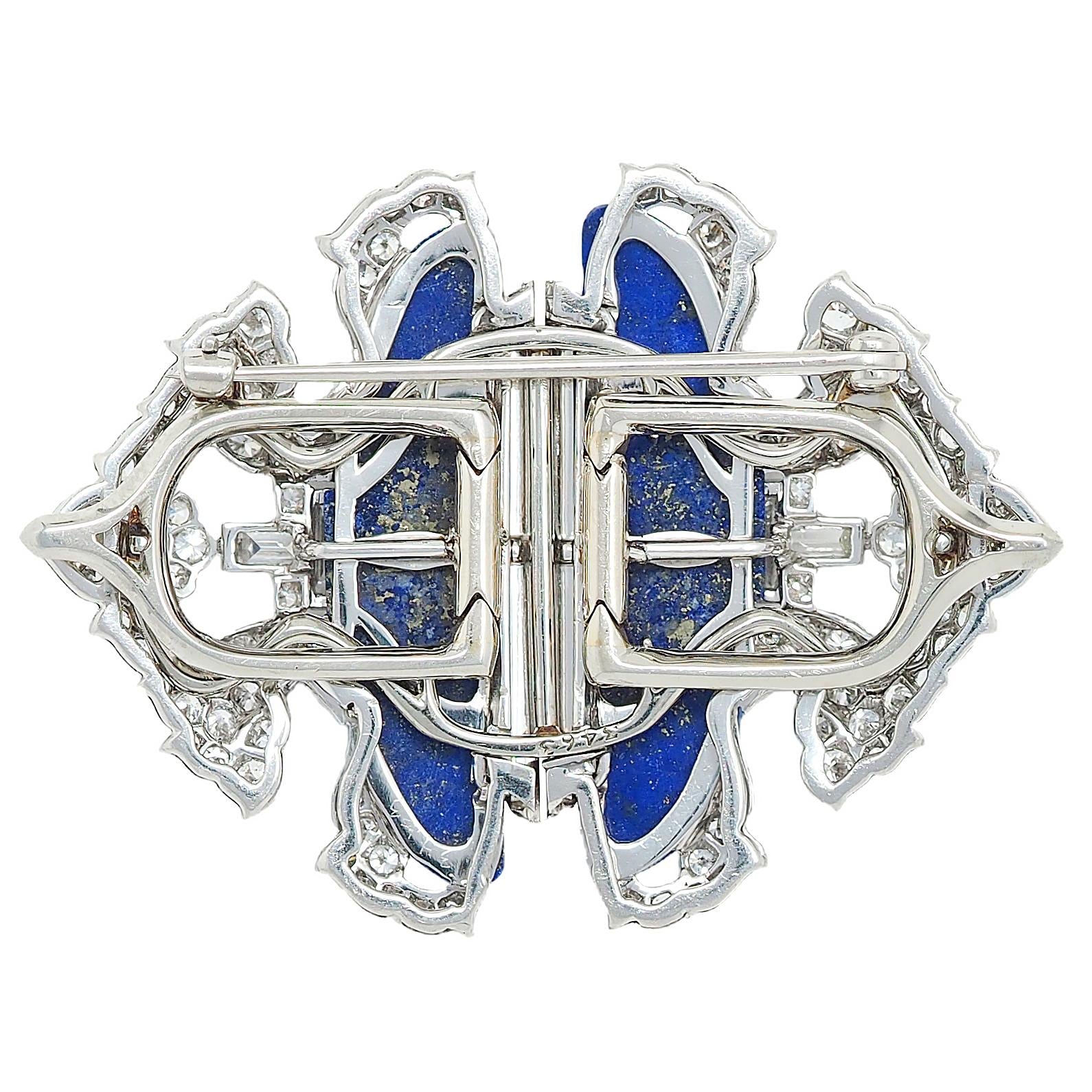 Art Deco Diamond Lapis Lazuli Platinum 18K Gold Vintage Foliate Brooch Clips