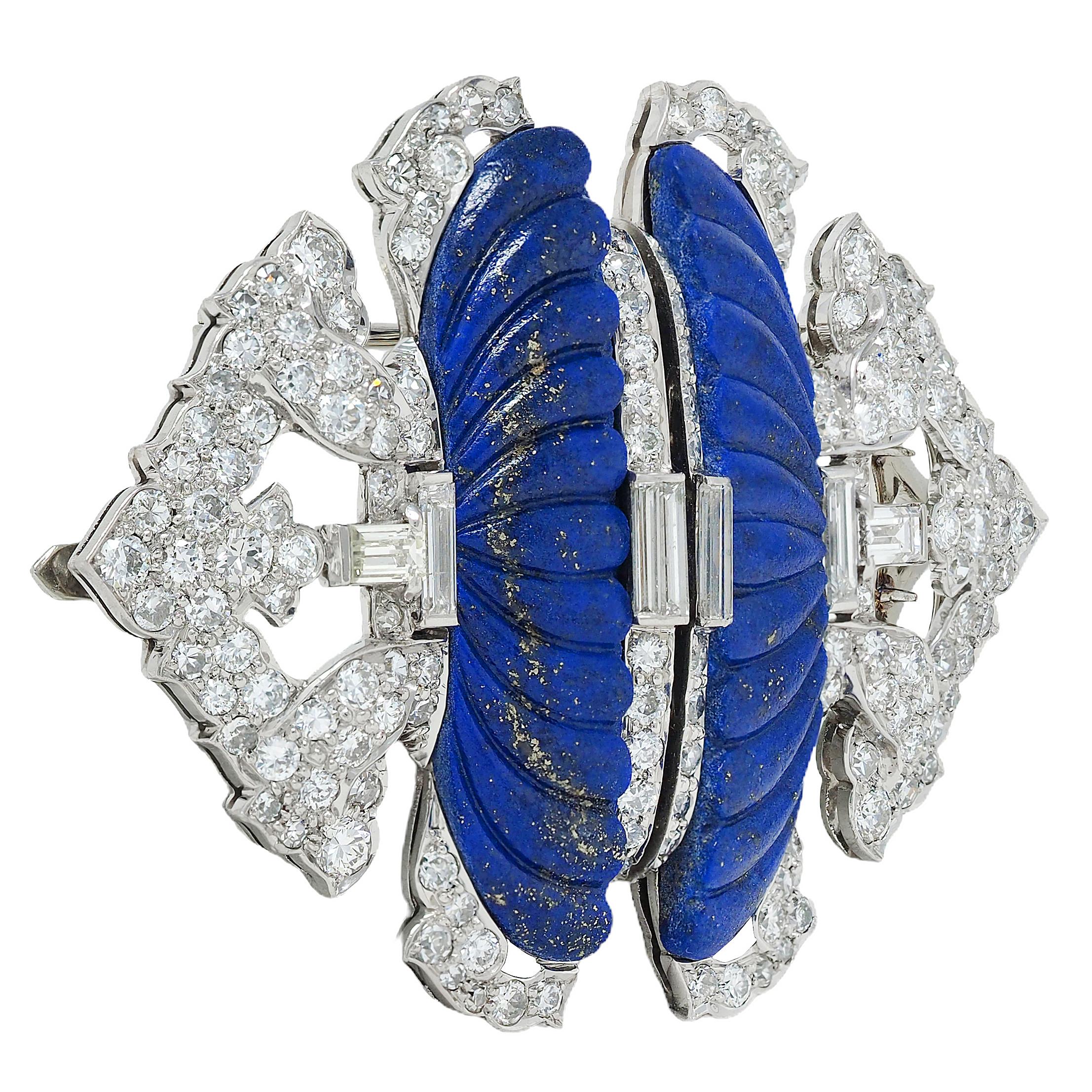 Art Deco Diamond Lapis Lazuli Platinum 18K Gold Vintage Foliate Brooch Clips