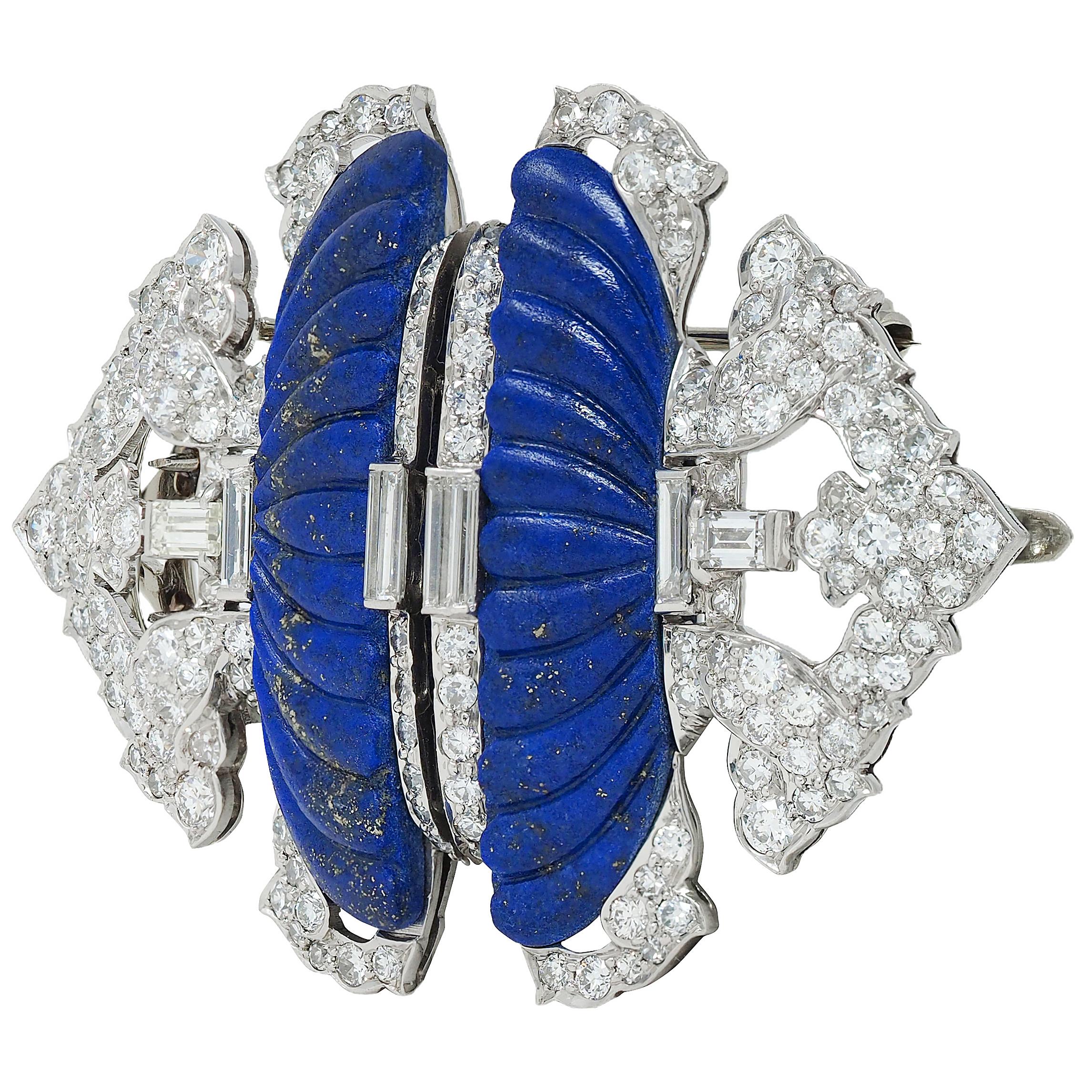 Art Deco Diamond Lapis Lazuli Platinum 18K Gold Vintage Foliate Brooch Clips