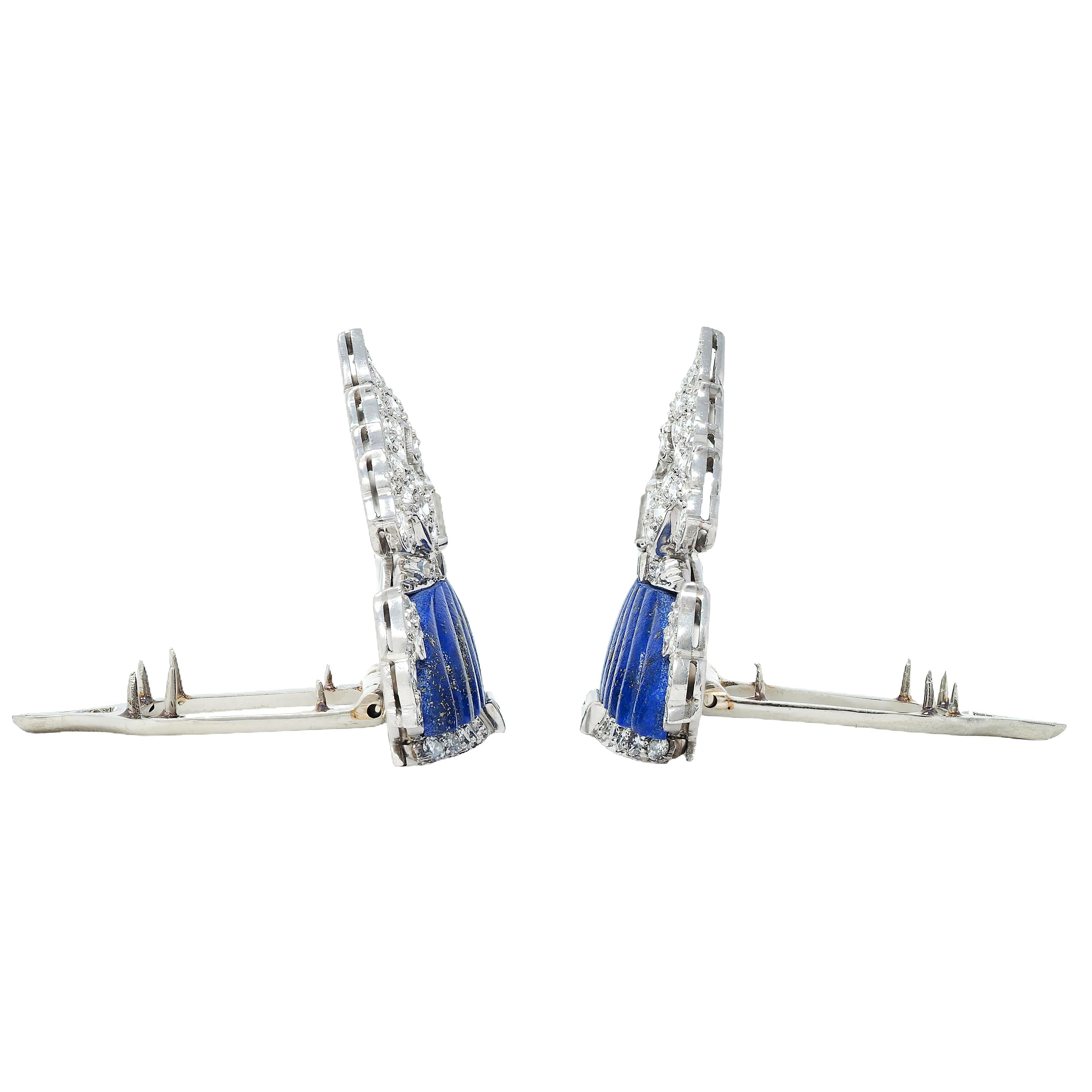 Art Deco Diamond Lapis Lazuli Platinum 18K Gold Vintage Foliate Brooch Clips