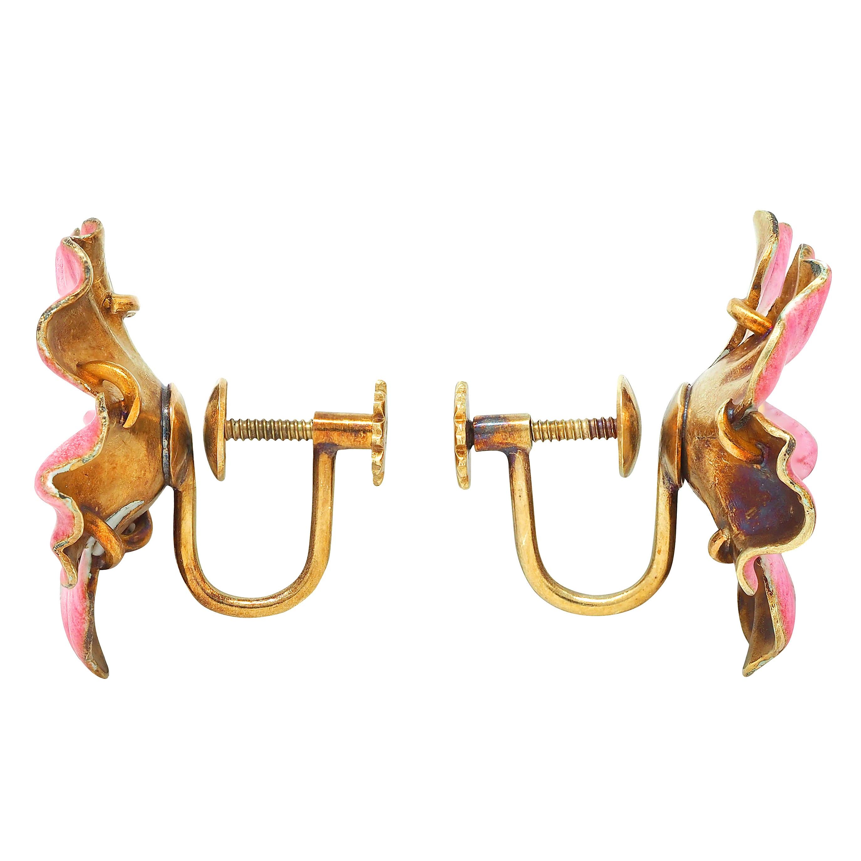 Art Nouveau Diamond Enamel 14K Gold Antique Painted Flower Screw-Back Earrings