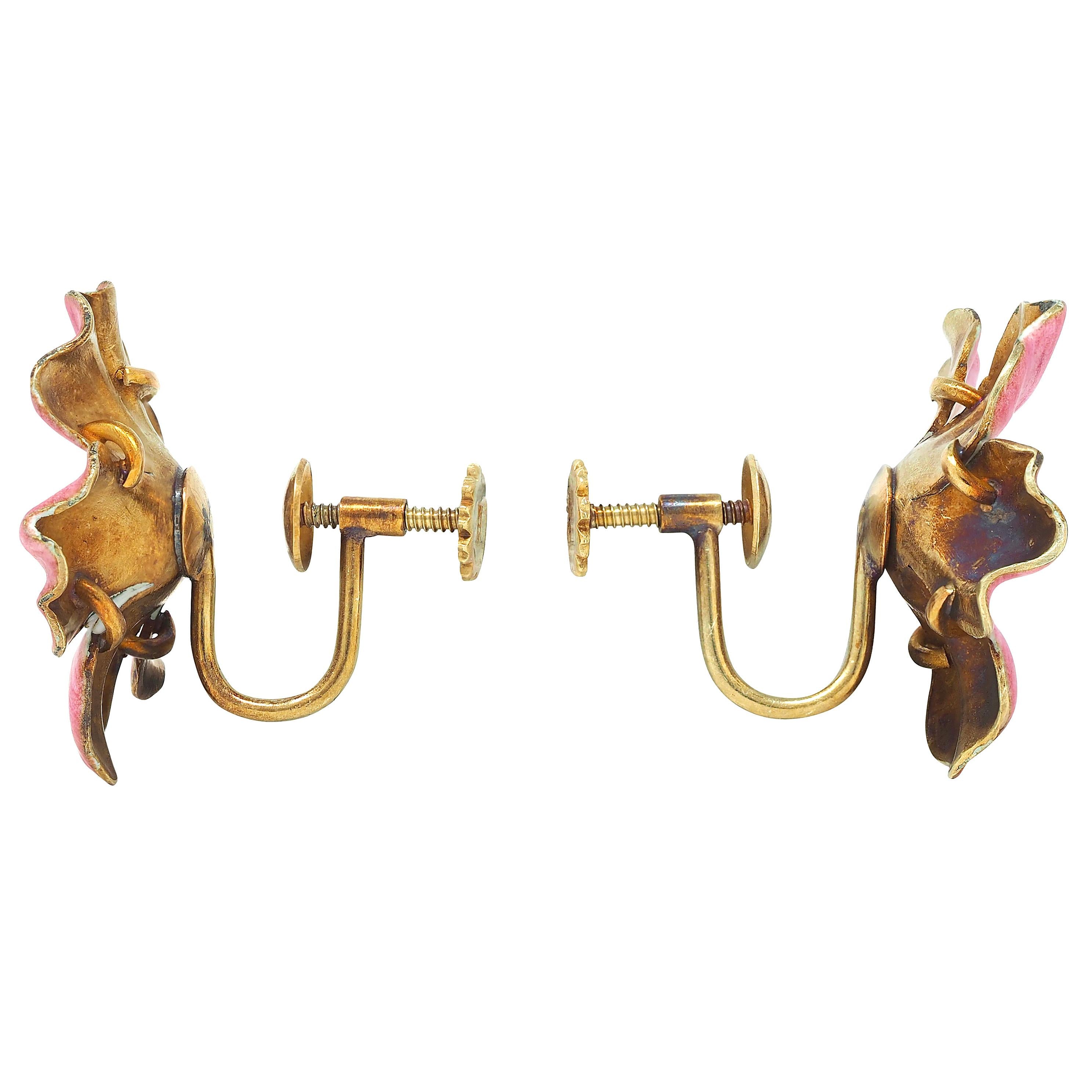 Art Nouveau Diamond Enamel 14K Gold Antique Painted Flower Screw-Back Earrings