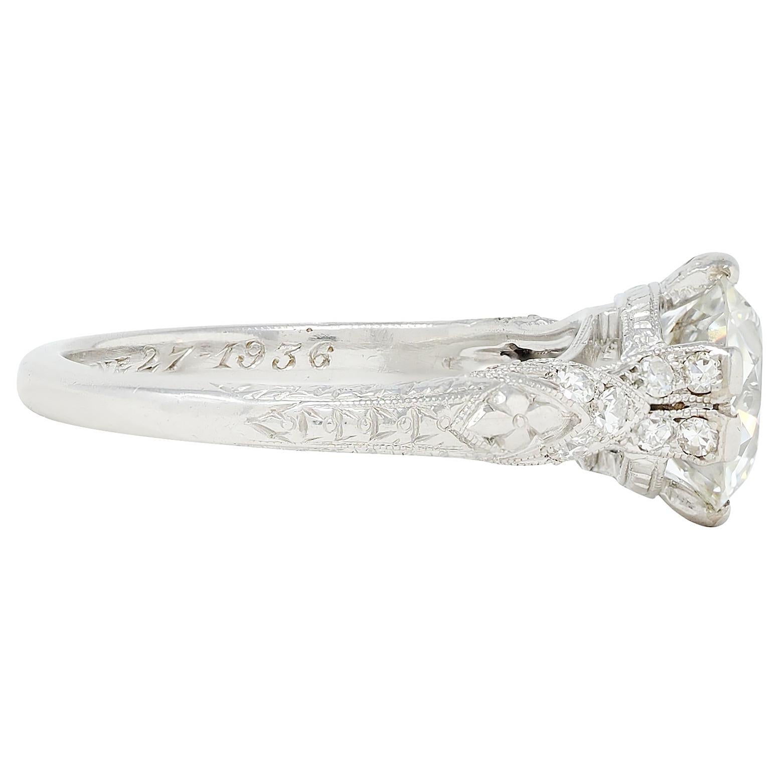 Art Deco 1936 1.90 Old European Cut Diamond Platinum Vintage Engagement Ring