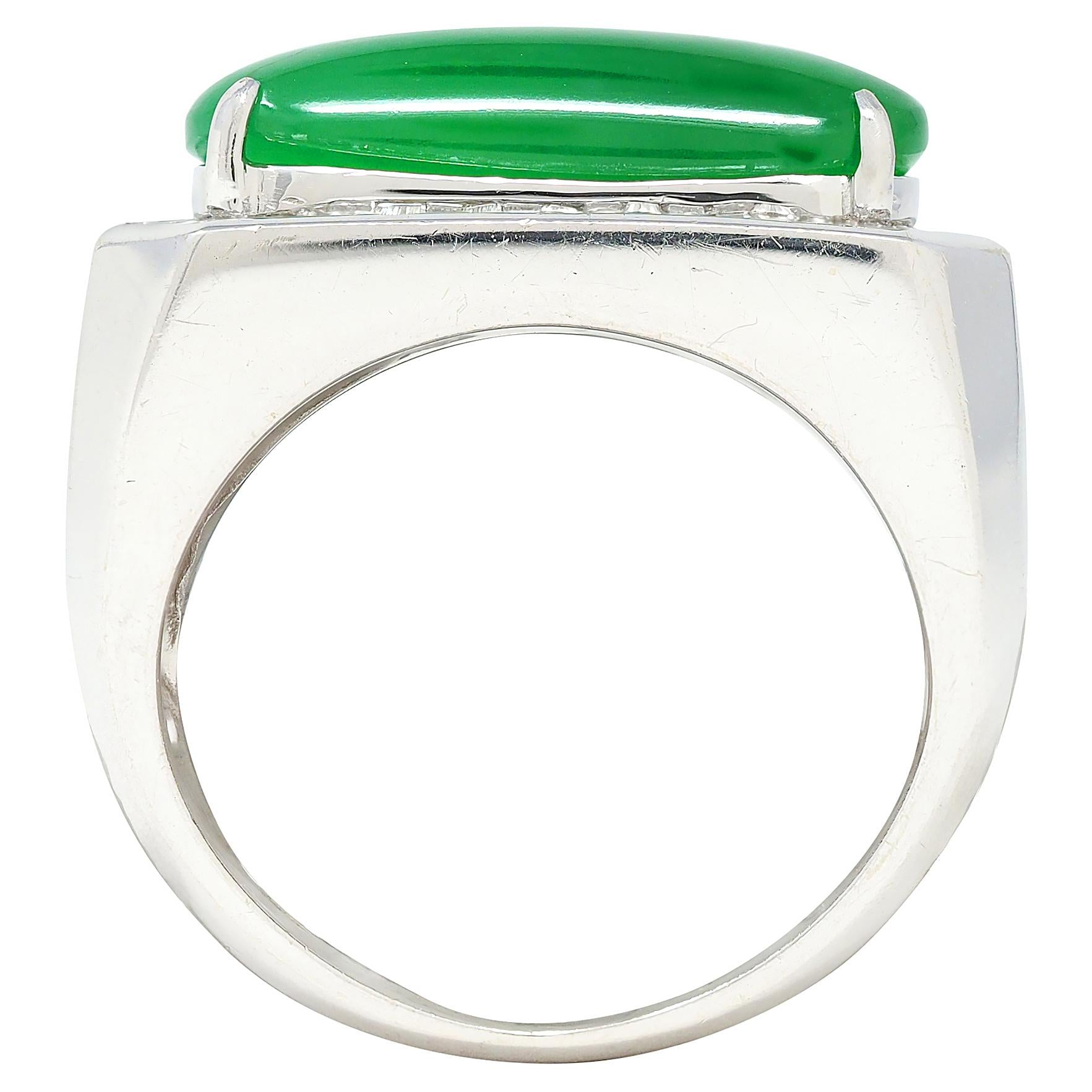 Contemporary Type A Jadeite Jade Diamond 18 Karat White Gold Halo Ring GIA