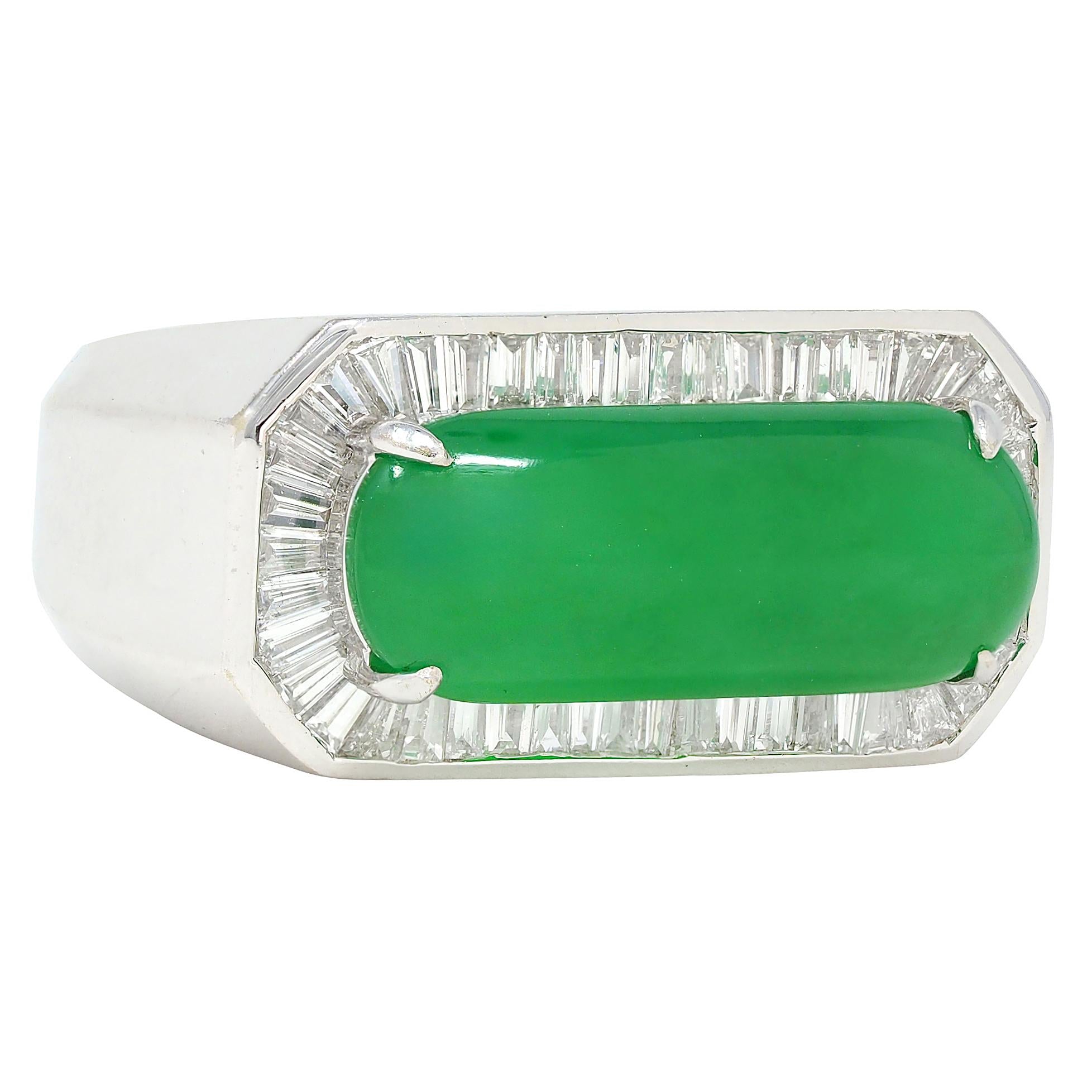 Contemporary Type A Jadeite Jade Diamond 18 Karat White Gold Halo Ring GIA