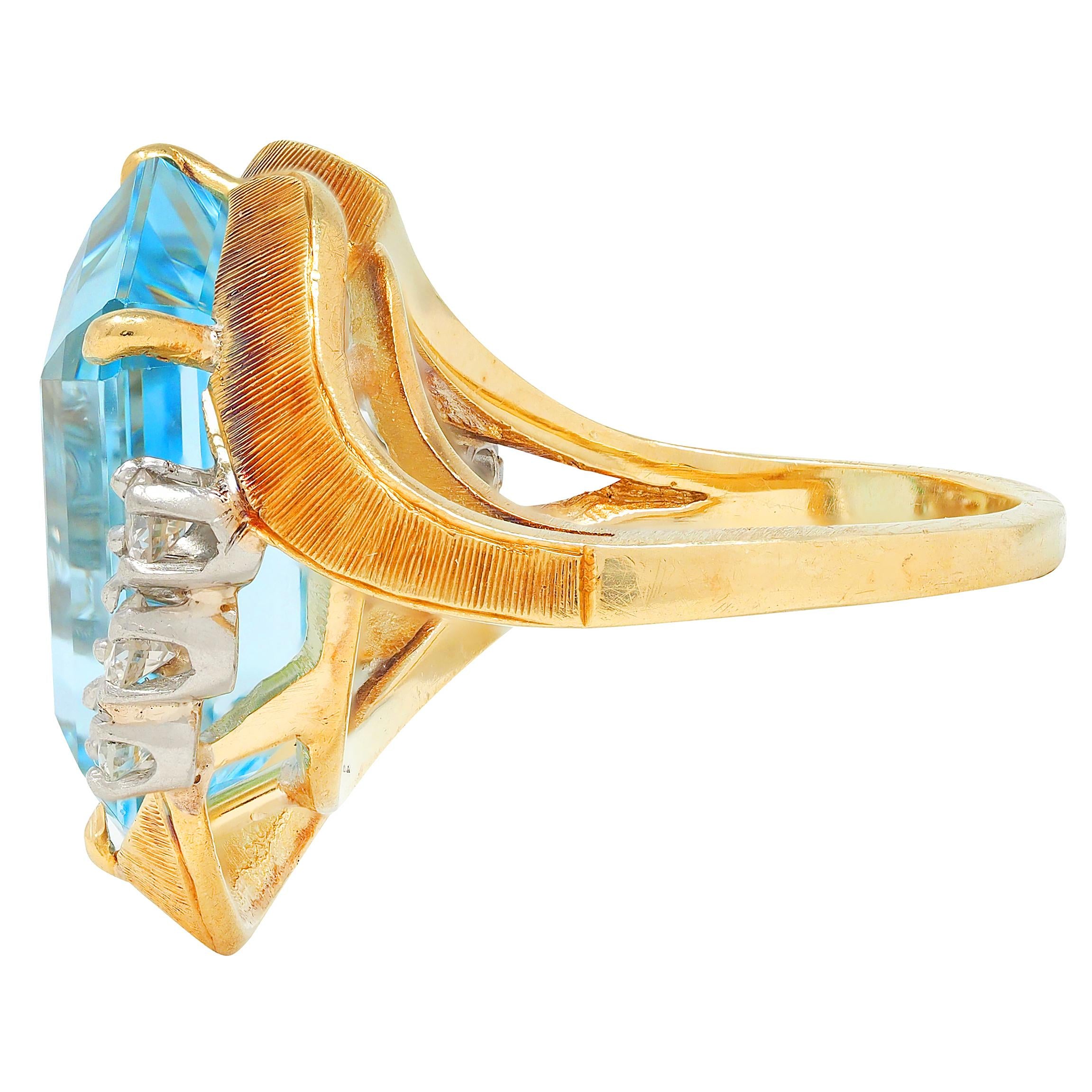 Mid-Century 7.40 CTW Aquamarine Diamond 18K Two-Tone Gold Vintage Cocktail Ring