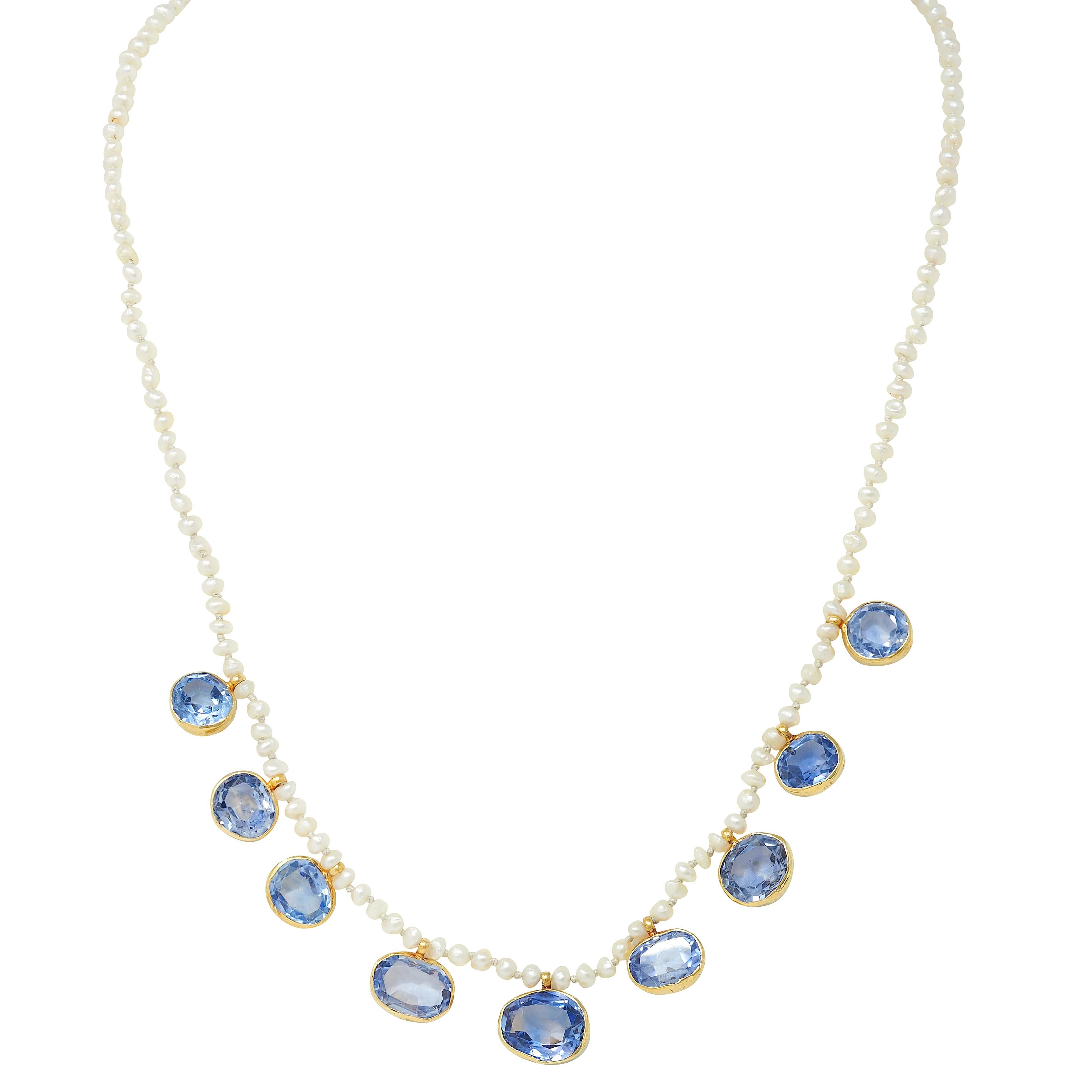 Antique 19.09 CTW Sapphire Seed Pearl 20K Yellow Gold Beaded Fringe Necklace