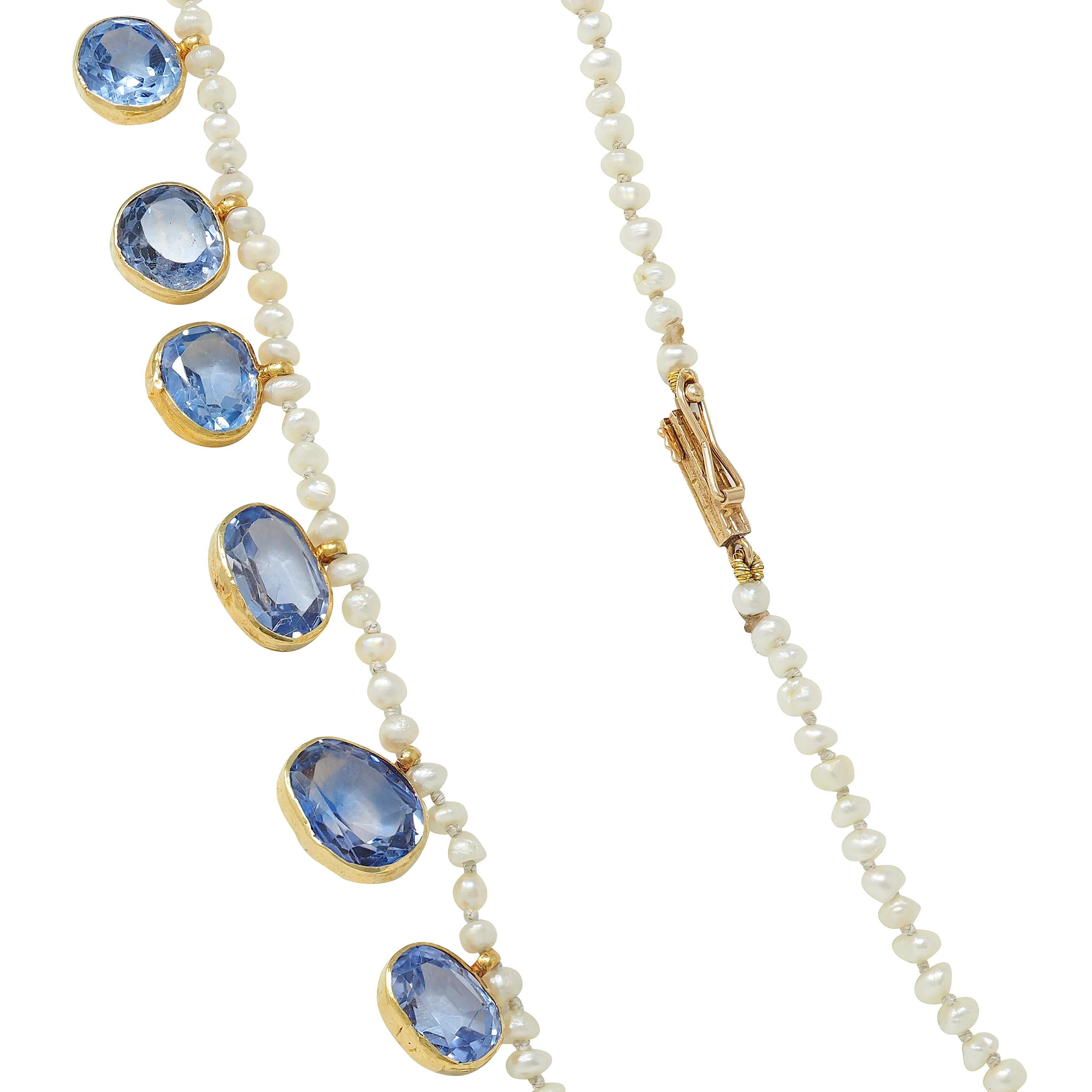 Antique 19.09 CTW Sapphire Seed Pearl 20K Yellow Gold Beaded Fringe Necklace