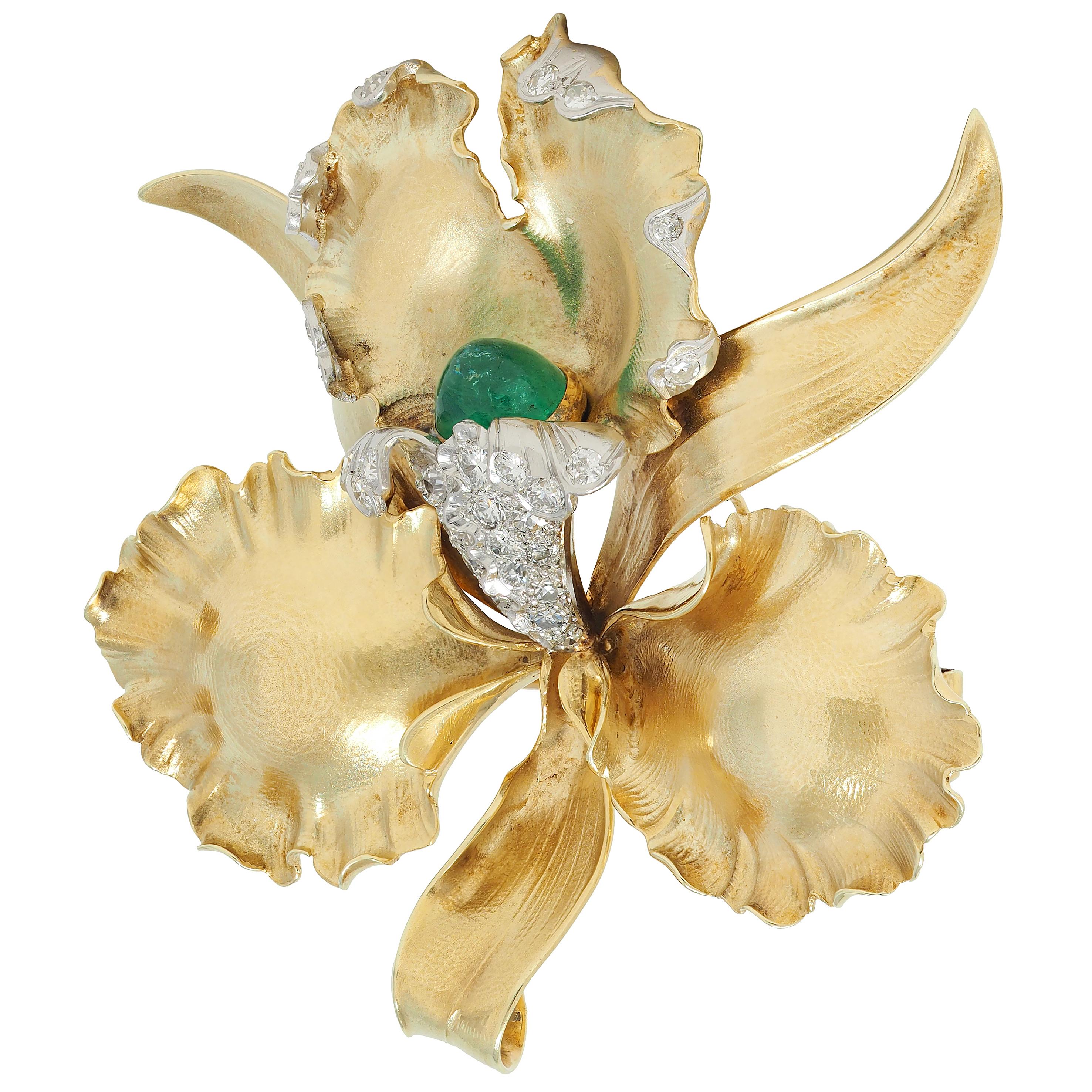 Mid-Century 3.35 CTW Diamond Emerald Platinum 14K Gold Vintage Orchid Brooch