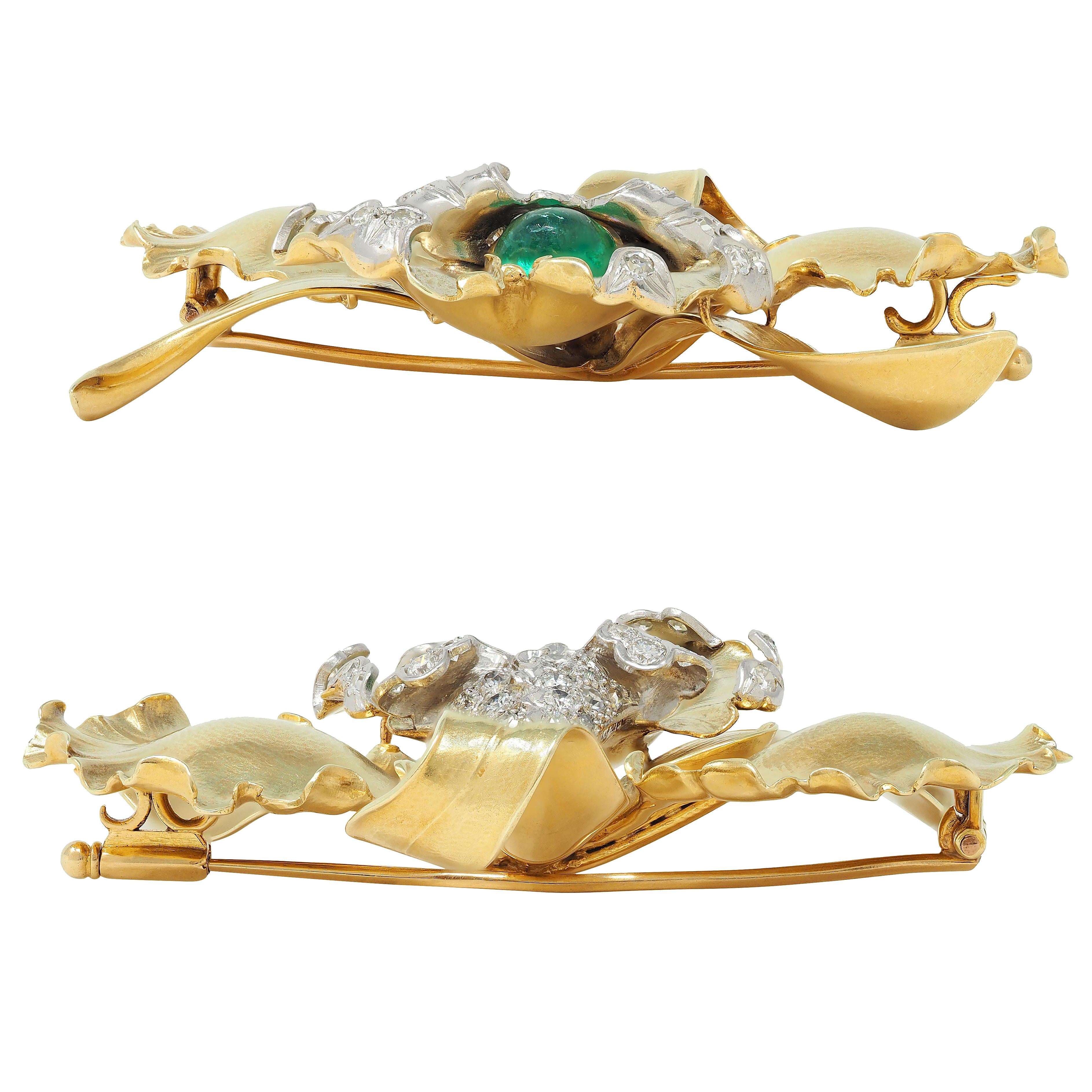 Mid-Century 3.35 CTW Diamond Emerald Platinum 14K Gold Vintage Orchid Brooch