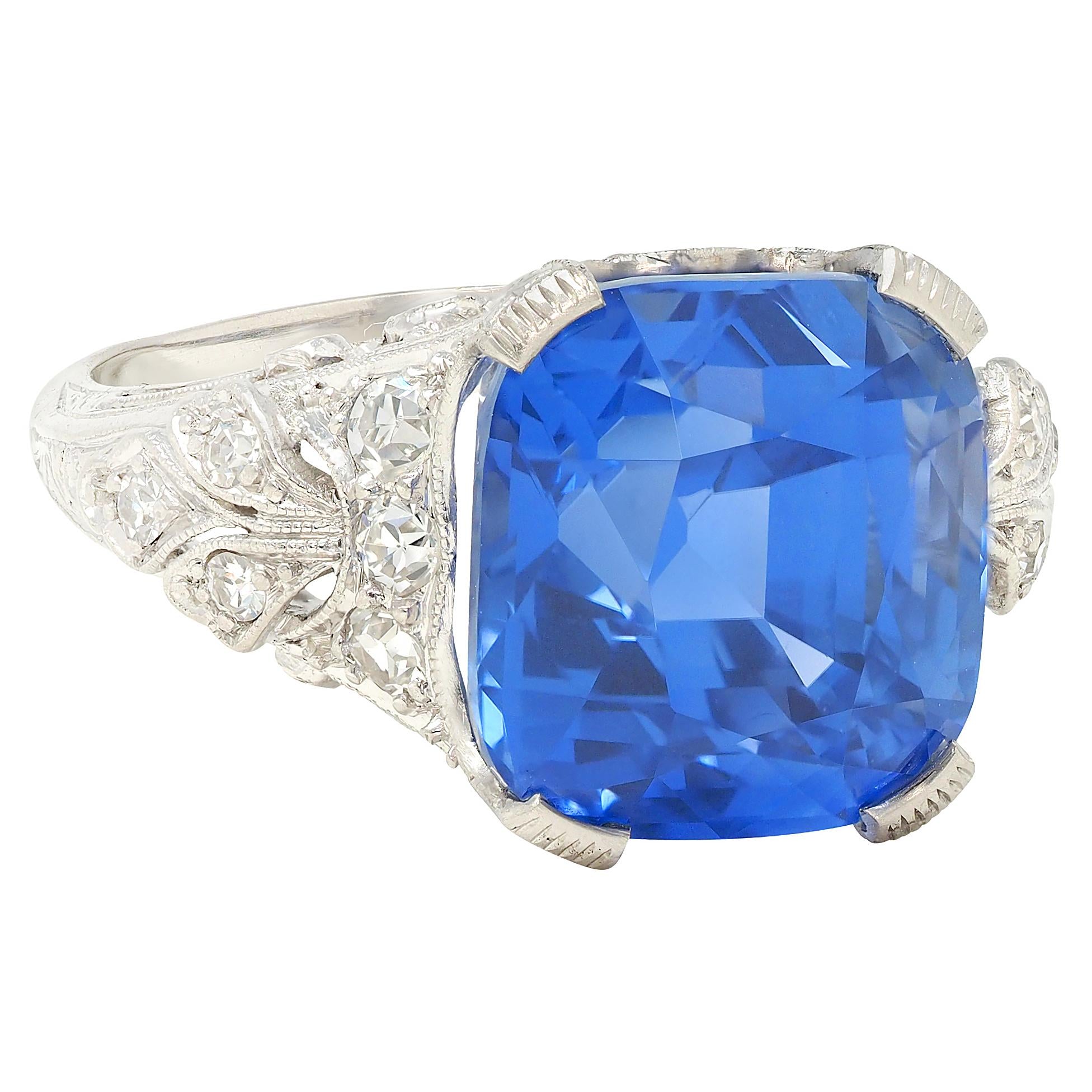 Edwardian 10.02 CTW NH Ceylon Sapphire Diamond Platinum Antique Dinner Ring AGL