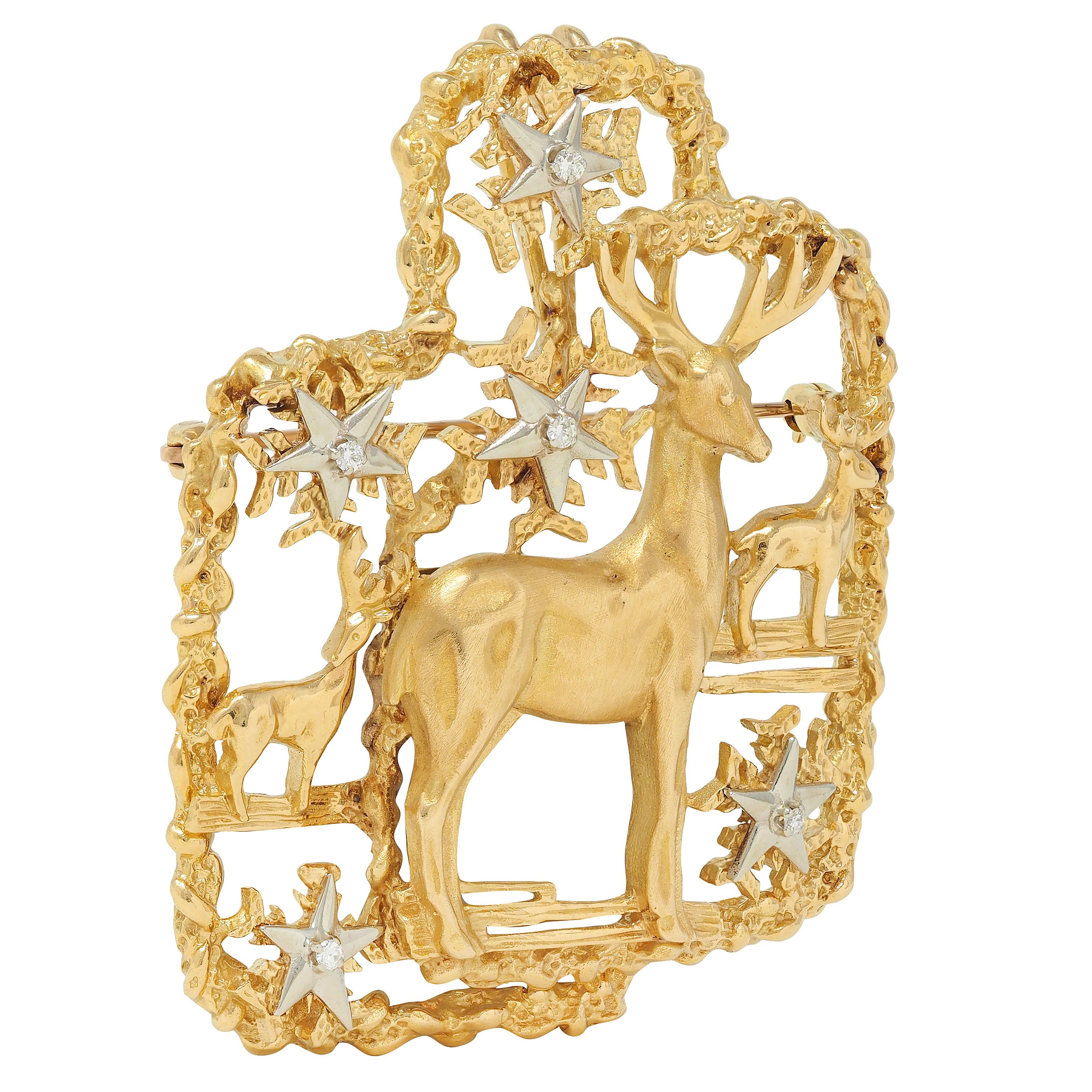 Peter Lindeman 1975 Diamond 18 Karat Two-Tone Gold Vintage Reindeer Xmas Brooch