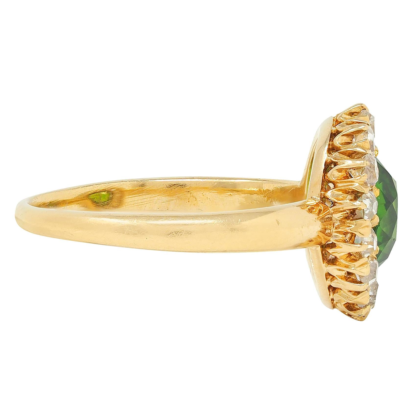 Victorian Green Demantoid Garnet Diamond 18 Karat Yellow Gold Antique Halo Ring