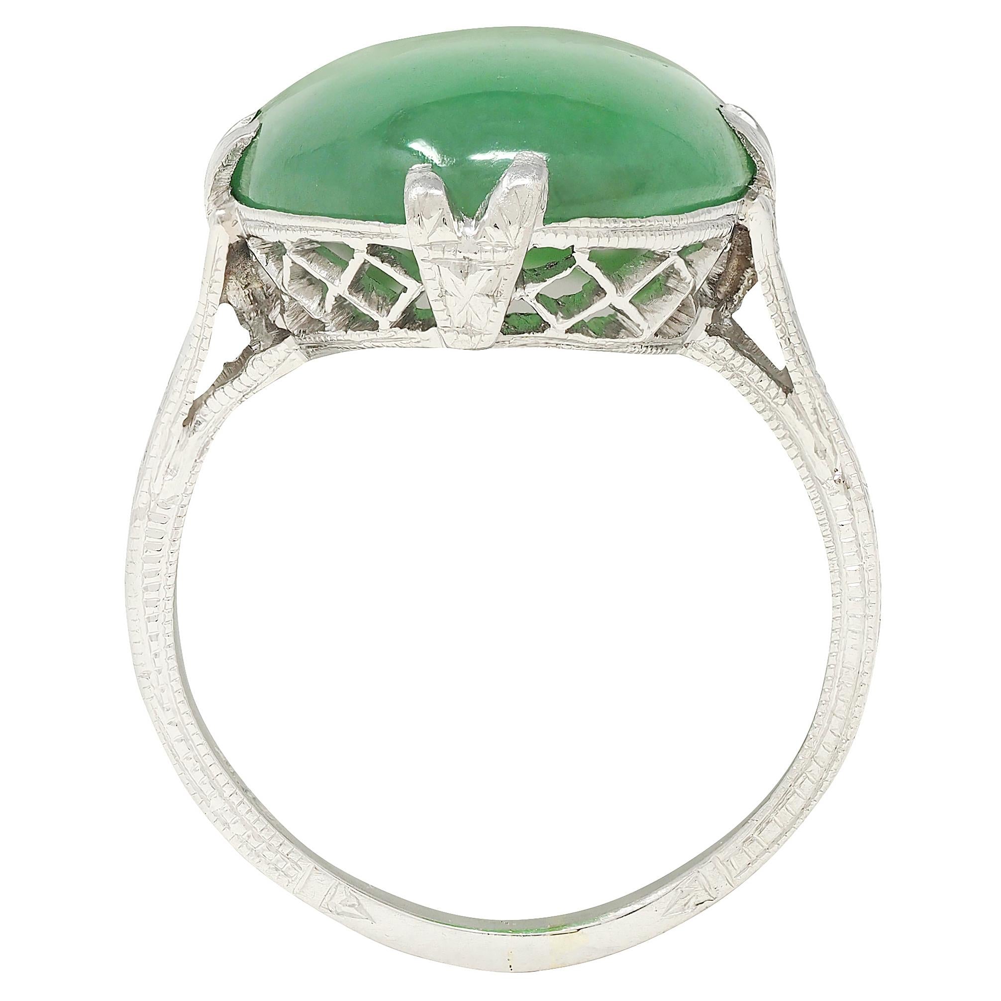 Art Deco Jade Cabochon Platinum Vintage Orange Blossom Gemstone Ring