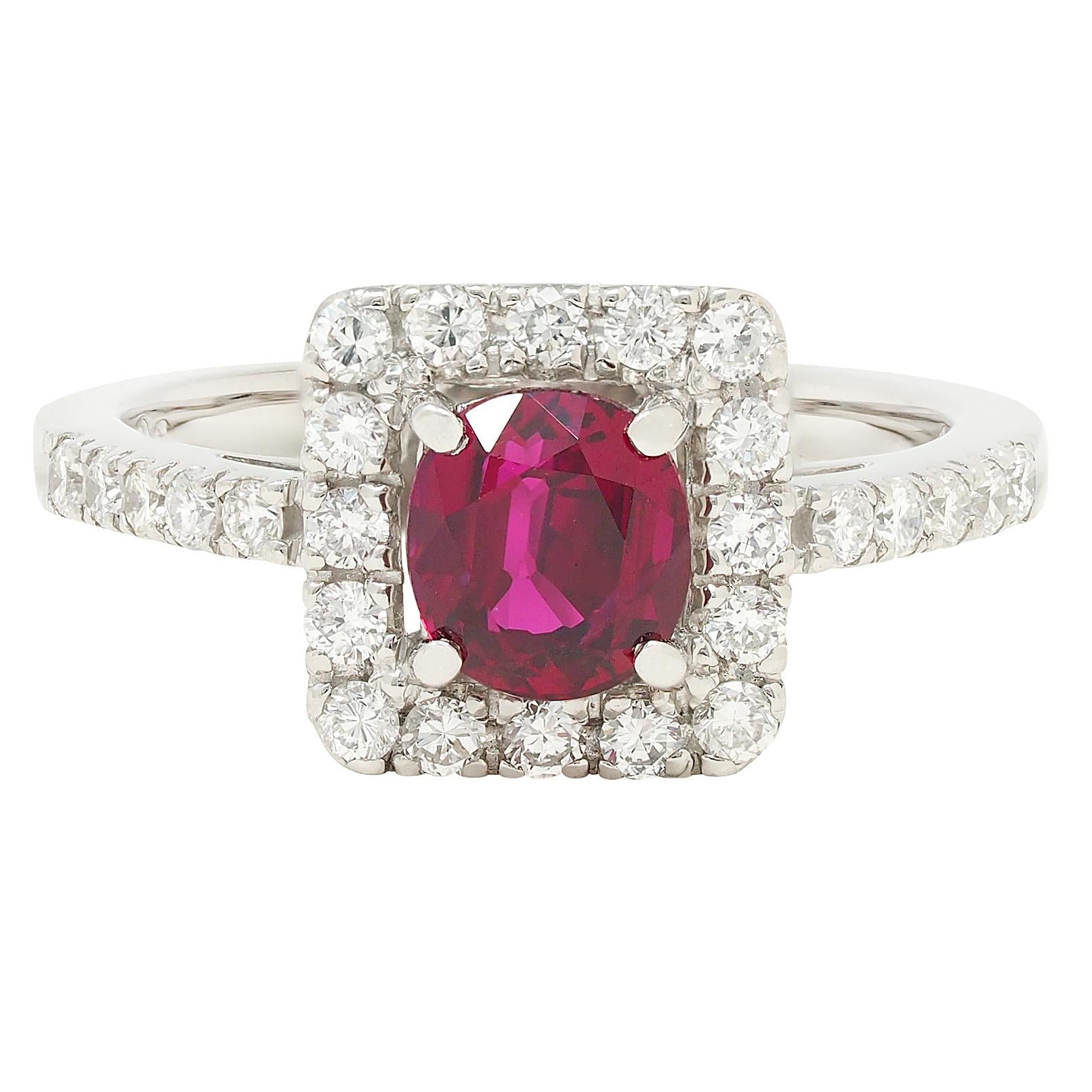 Contemporary 1.47 CTW Cushion Cut Ruby Diamond Platinum Square Halo Ring