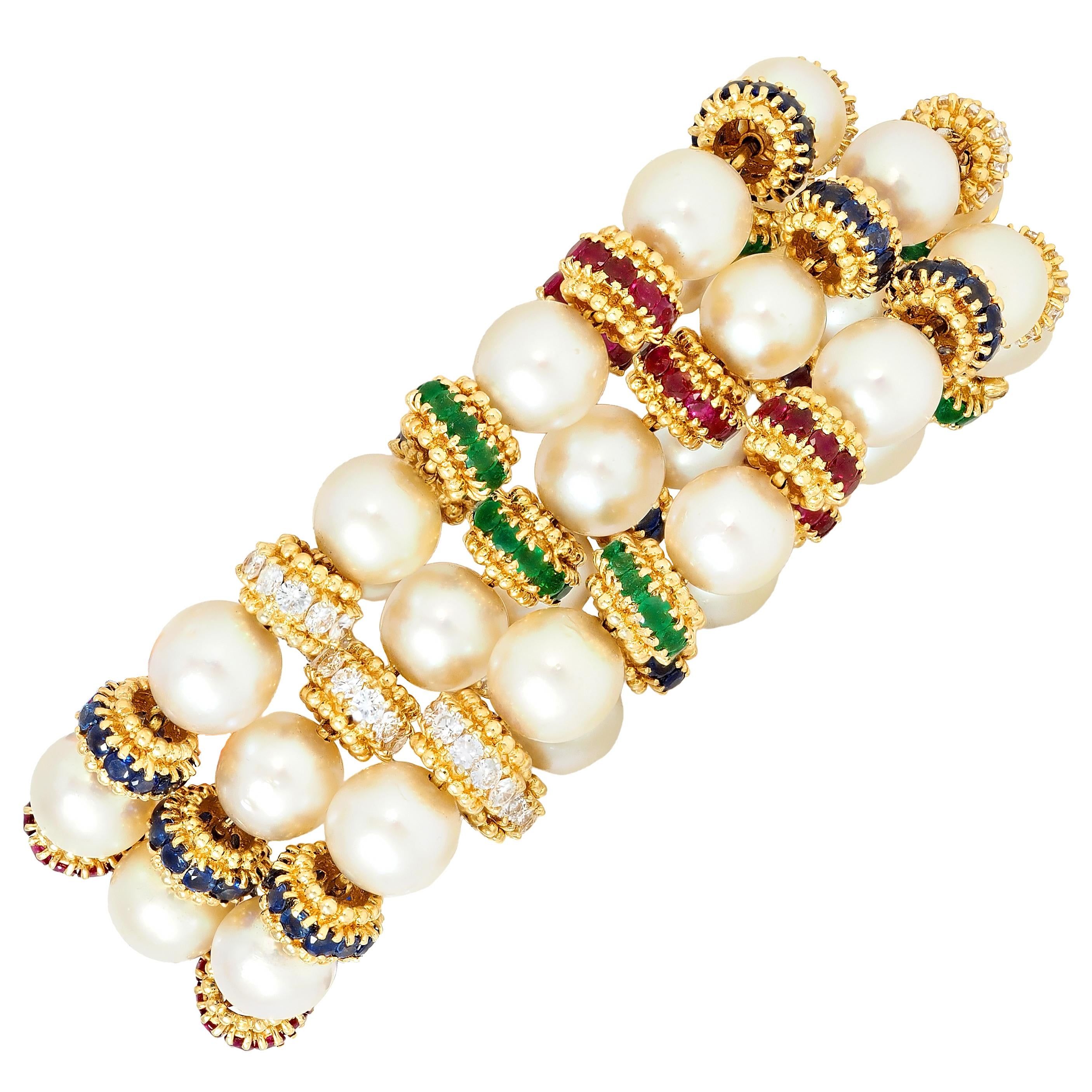 Van Cleef & Arpels 1980's Pearl Multi-Gem 18K Gold Convertible Bracelet Set