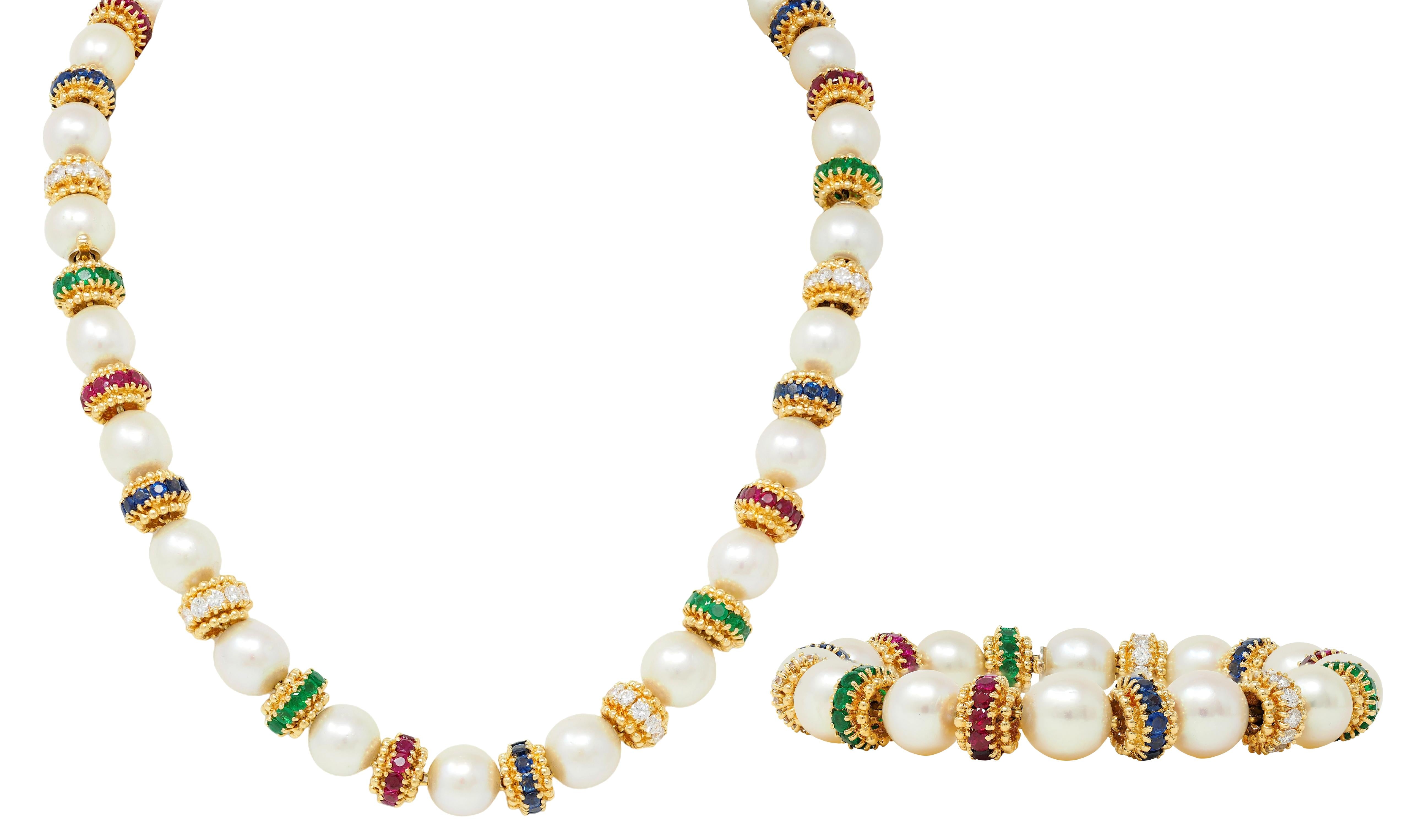 Van Cleef & Arpels 1980's Pearl Multi-Gem 18K Gold Convertible Bracelet Set