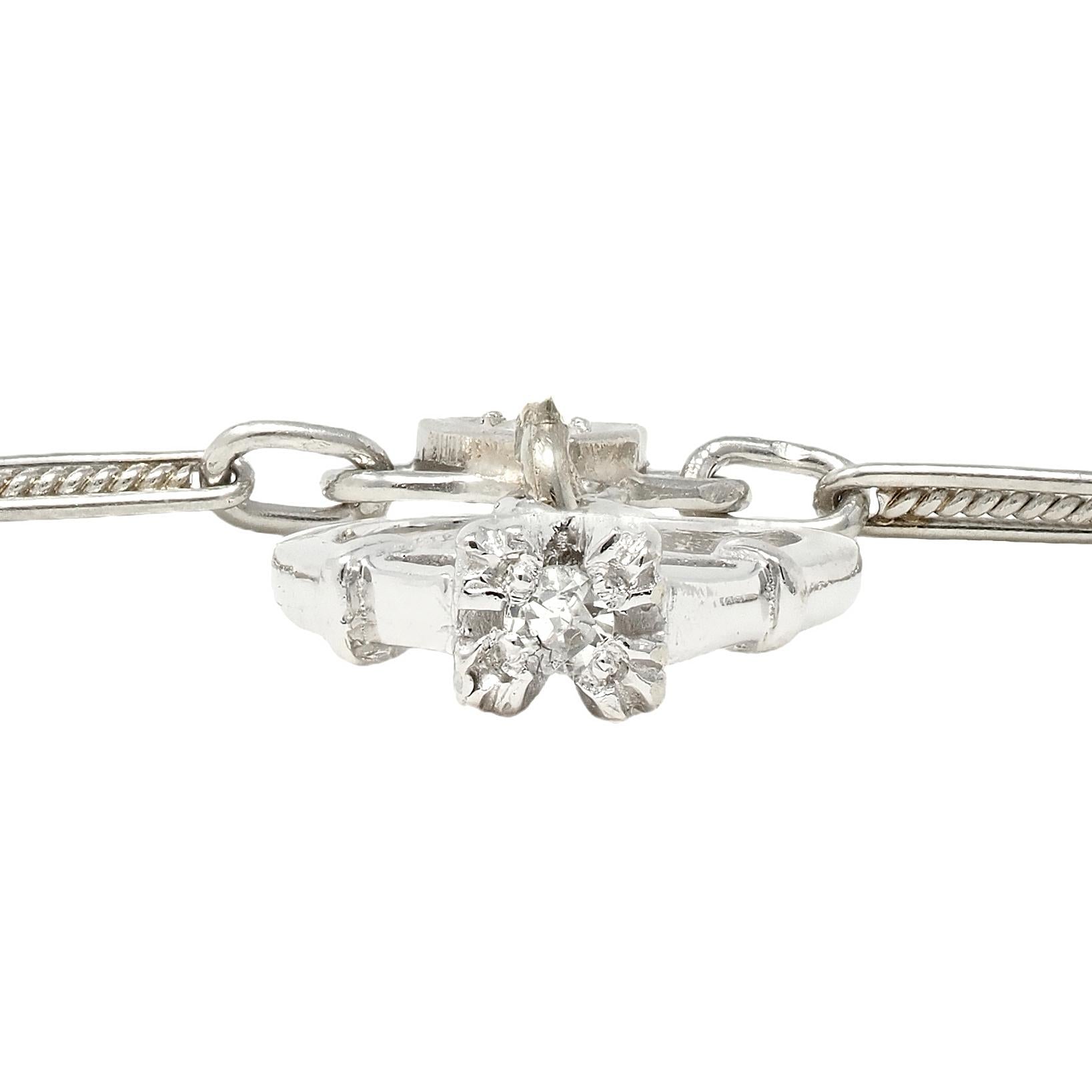 Art Deco Diamond Platinum 14K Gold Heart Wedding Engagement Charm Bracelet