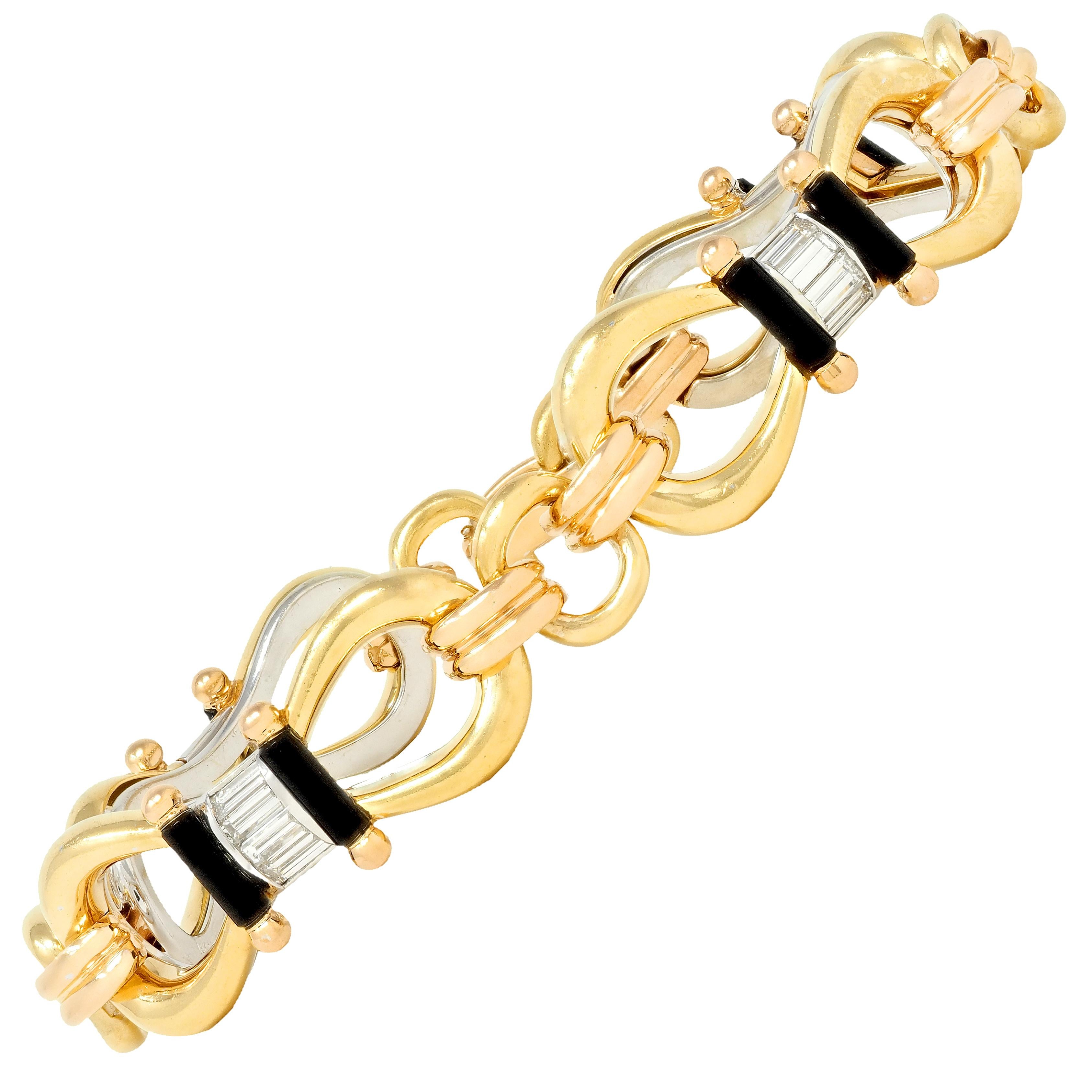1980's Diamond Onyx 18 Karat Tri-Colored Gold Vintage Horsebit Bracelet