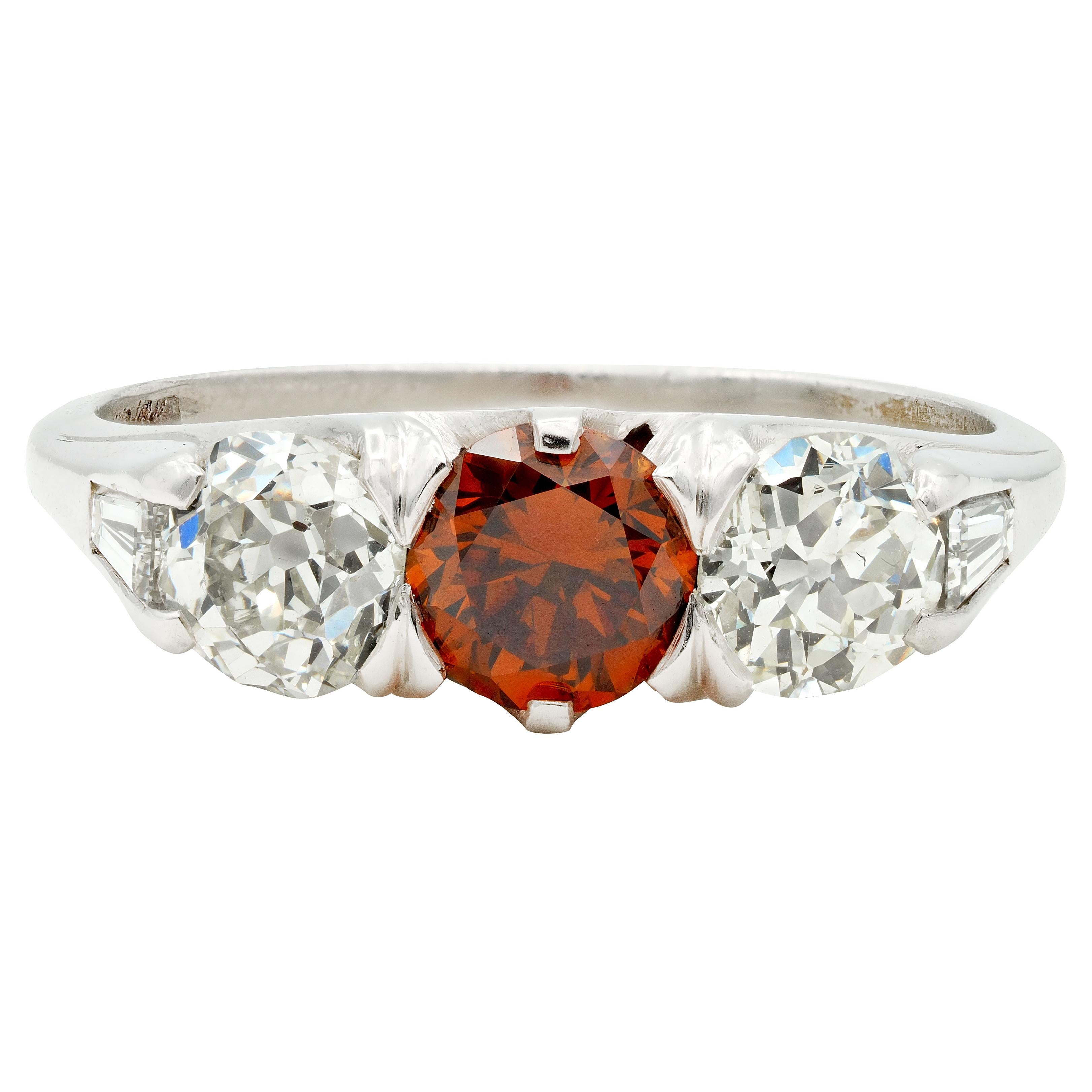 Mid-Century 2.06 CTW Fancy Diamond Platinum Three Stone Vintage Ring GIA