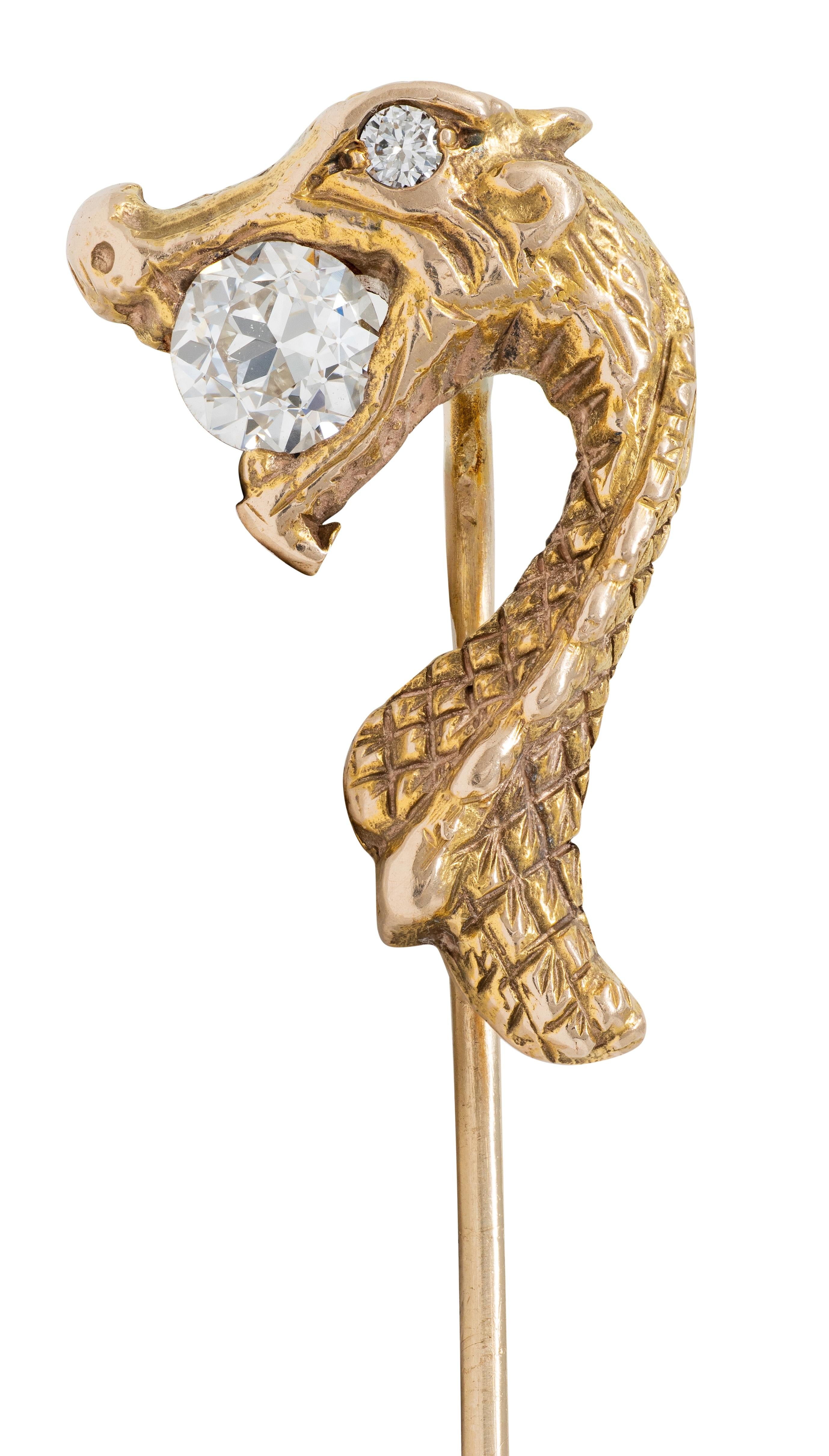 Art Nouveau Diamond 14 Karat Yellow Gold Antique Dragon Serpent Stickpin