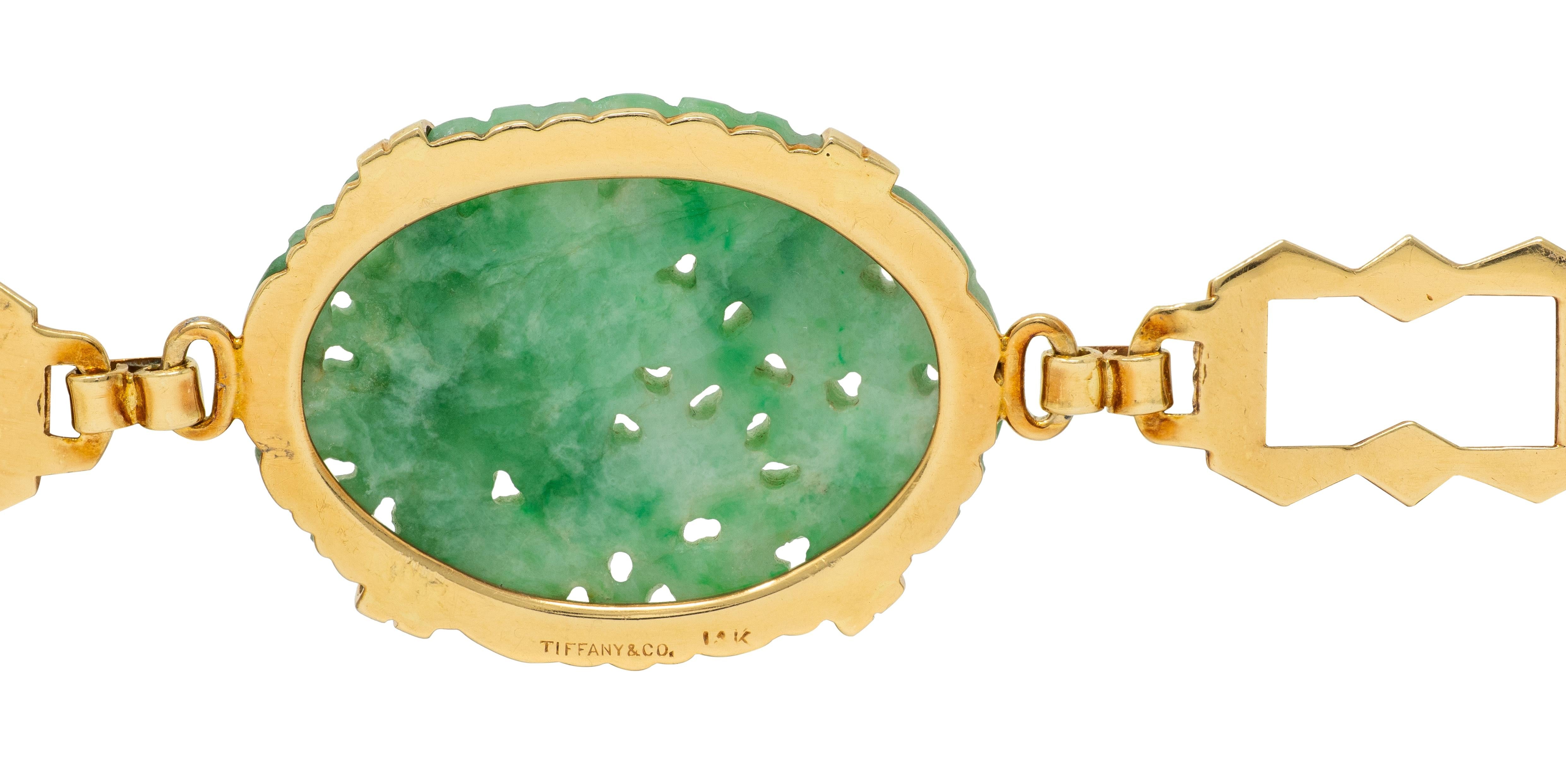 Tiffany & Co. Art Deco Carved Jade 14K Gold Antique Floral Link Bracelet