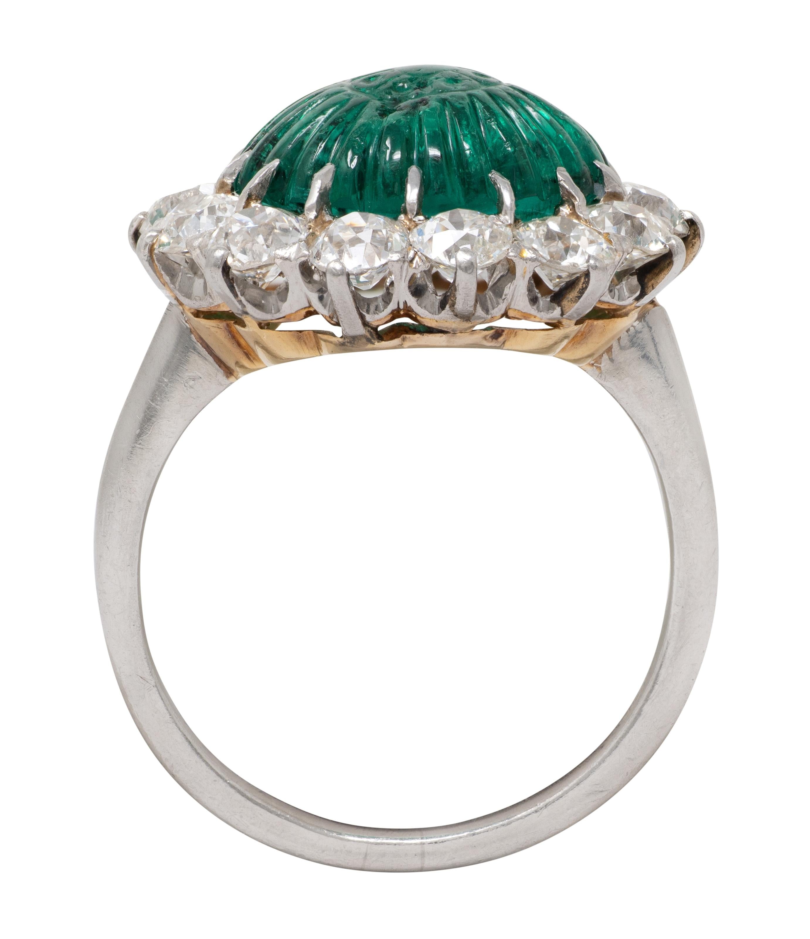 Art Deco Carved Mogul Emerald Diamond Platinum 18K Gold Antique Halo Ring