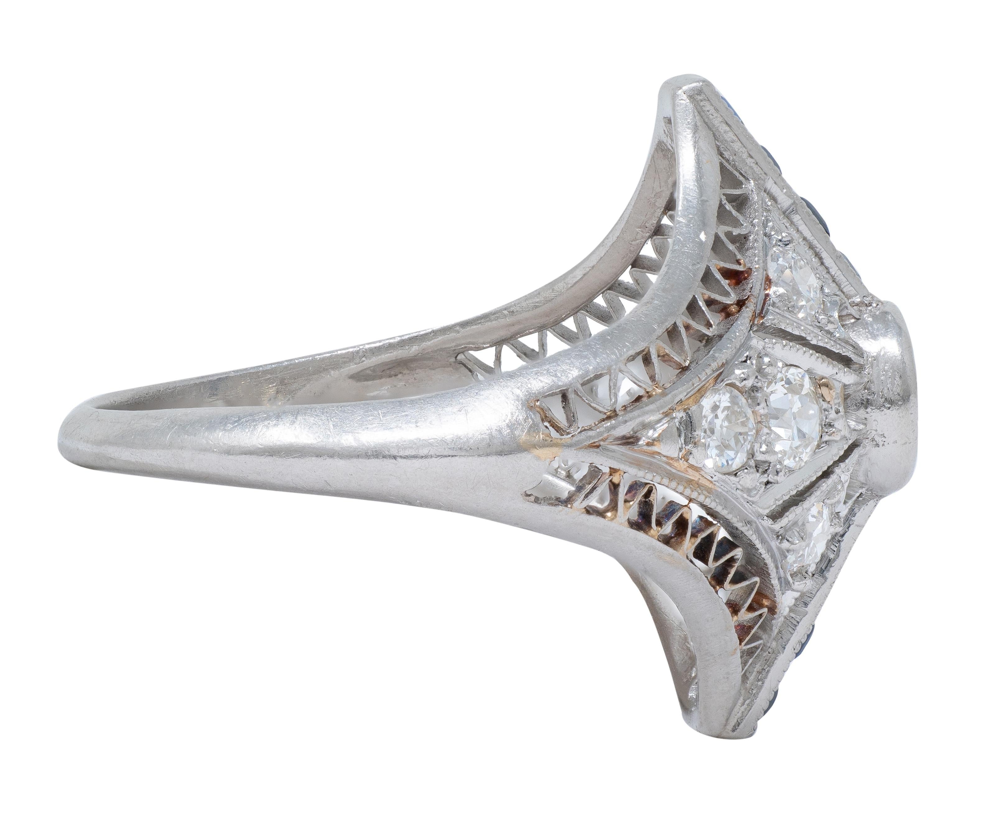 Art Deco 0.94 CTW Sapphire Diamond Platinum Vintage Zig-Zag Navette Dinner Ring