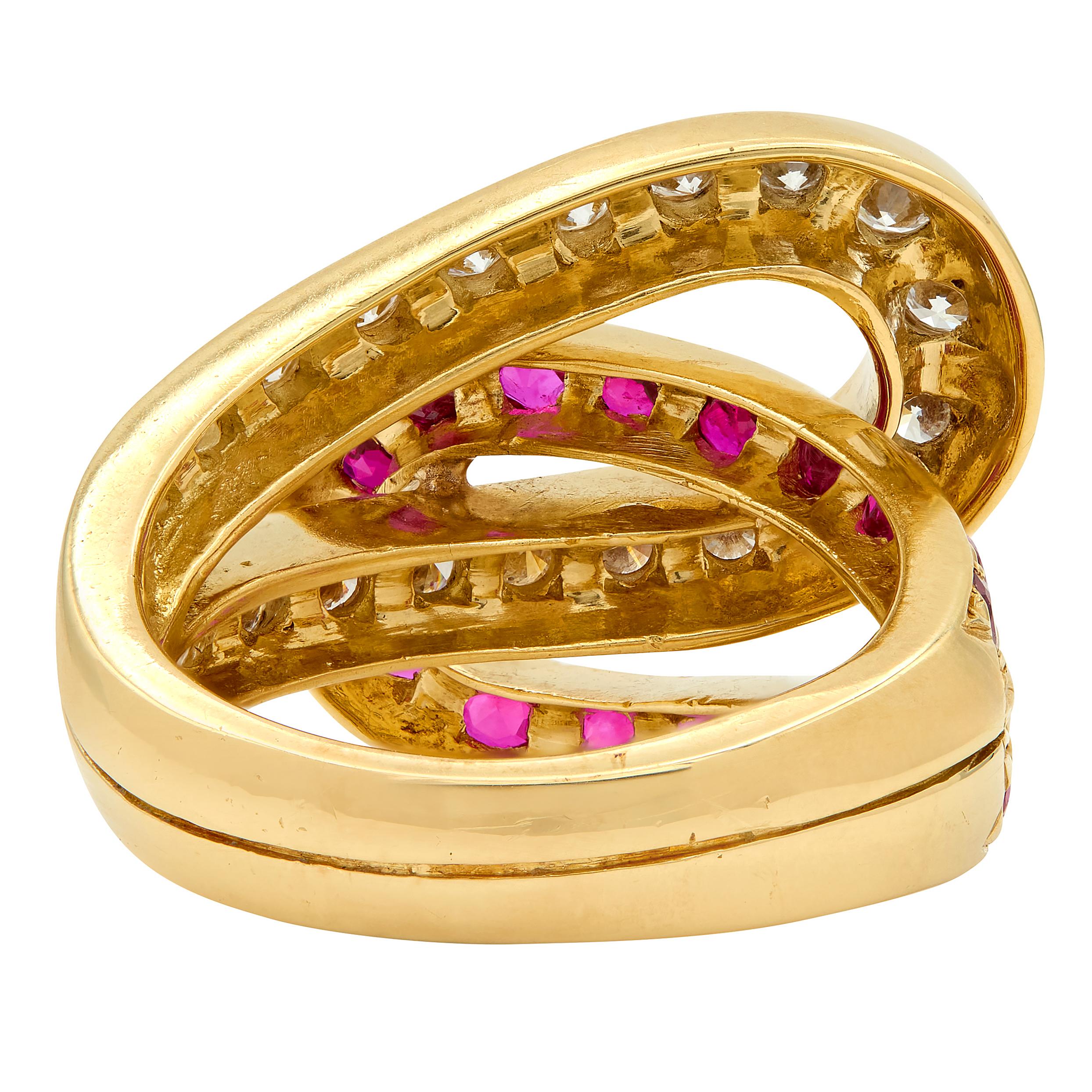 Mid-Century 1.35 CTW Ruby Diamond Platinum Vintage Double Horseshoe Ring