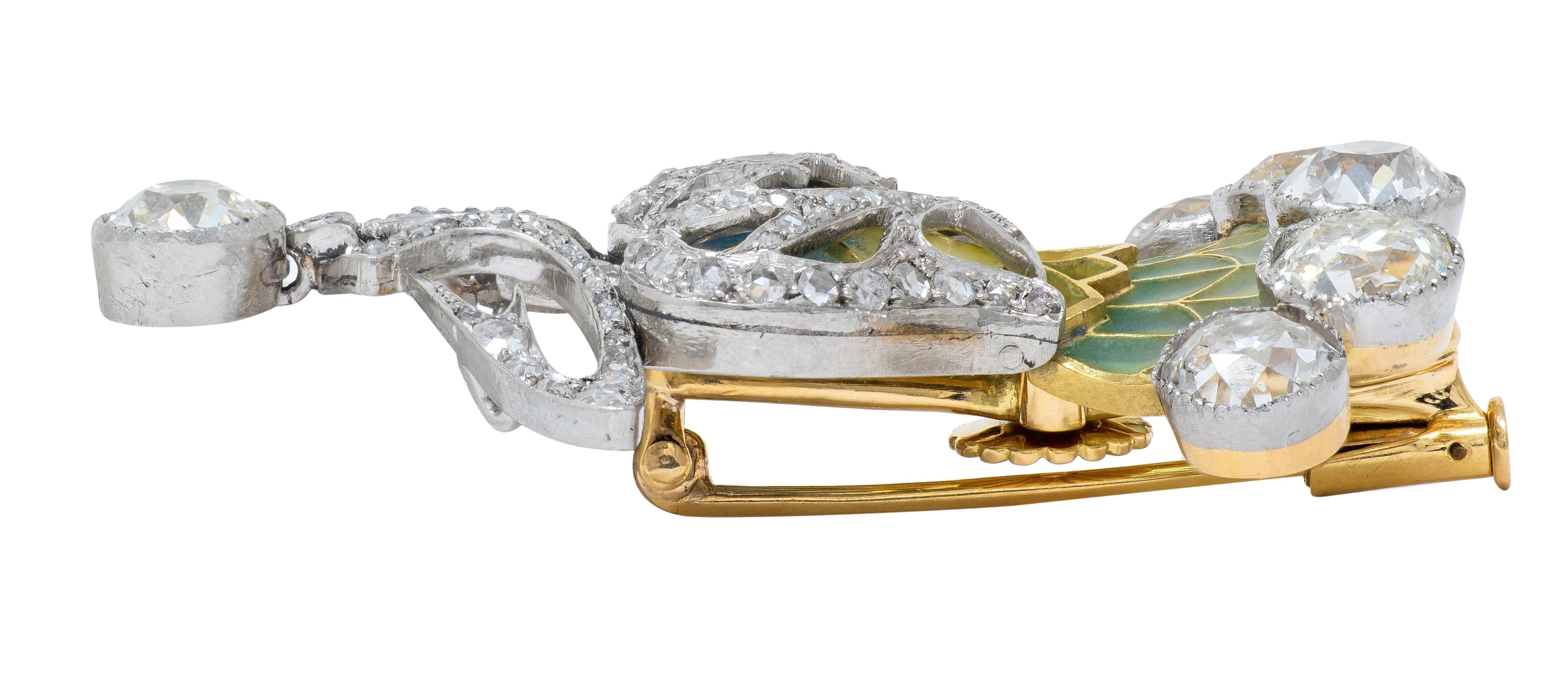 Art Nouveau Plique-a-Jour Enamel Diamond Platinum 18K Thistle Pendant Brooch