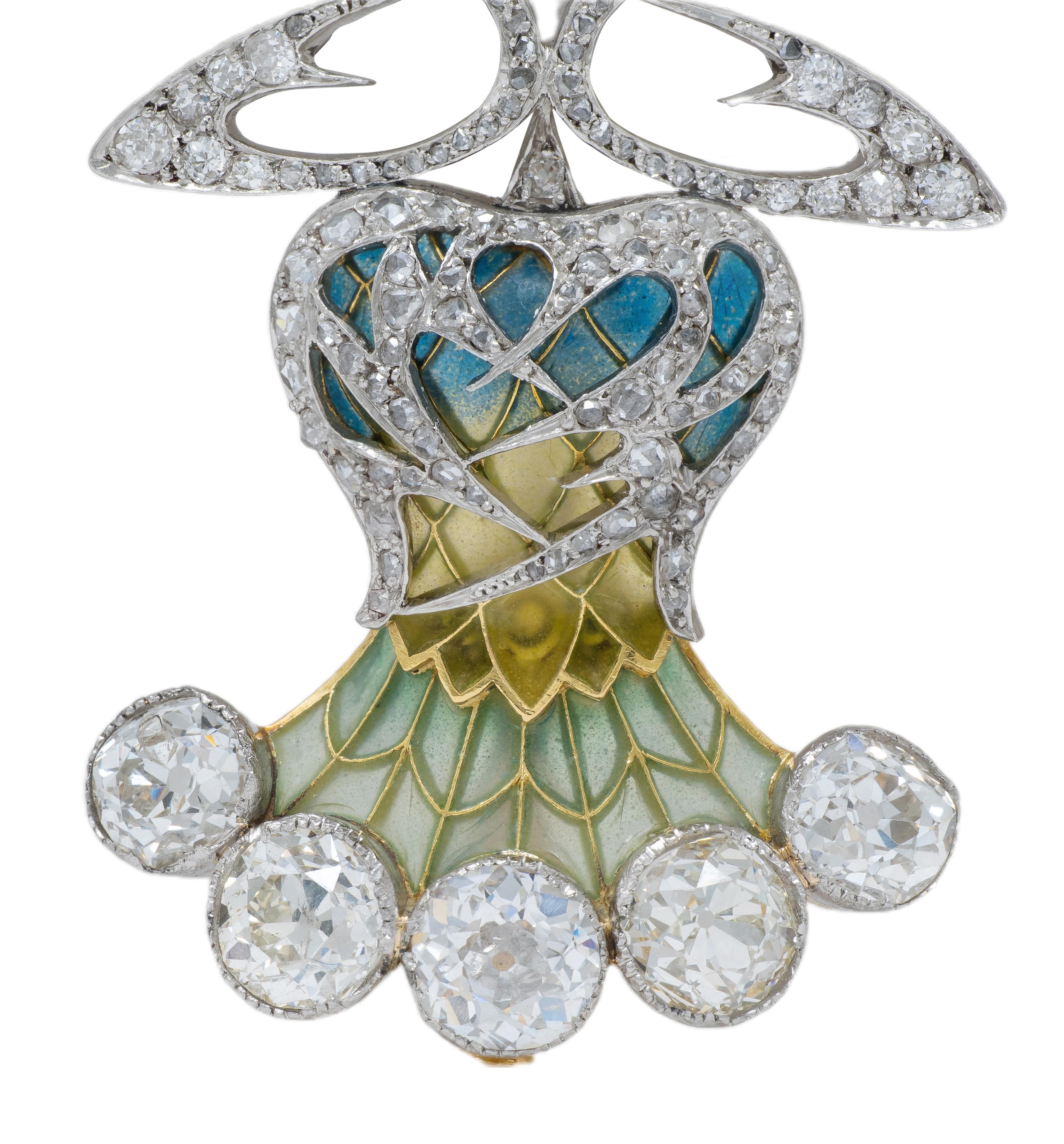 Art Nouveau Plique-a-Jour Enamel Diamond Platinum 18K Thistle Pendant Brooch