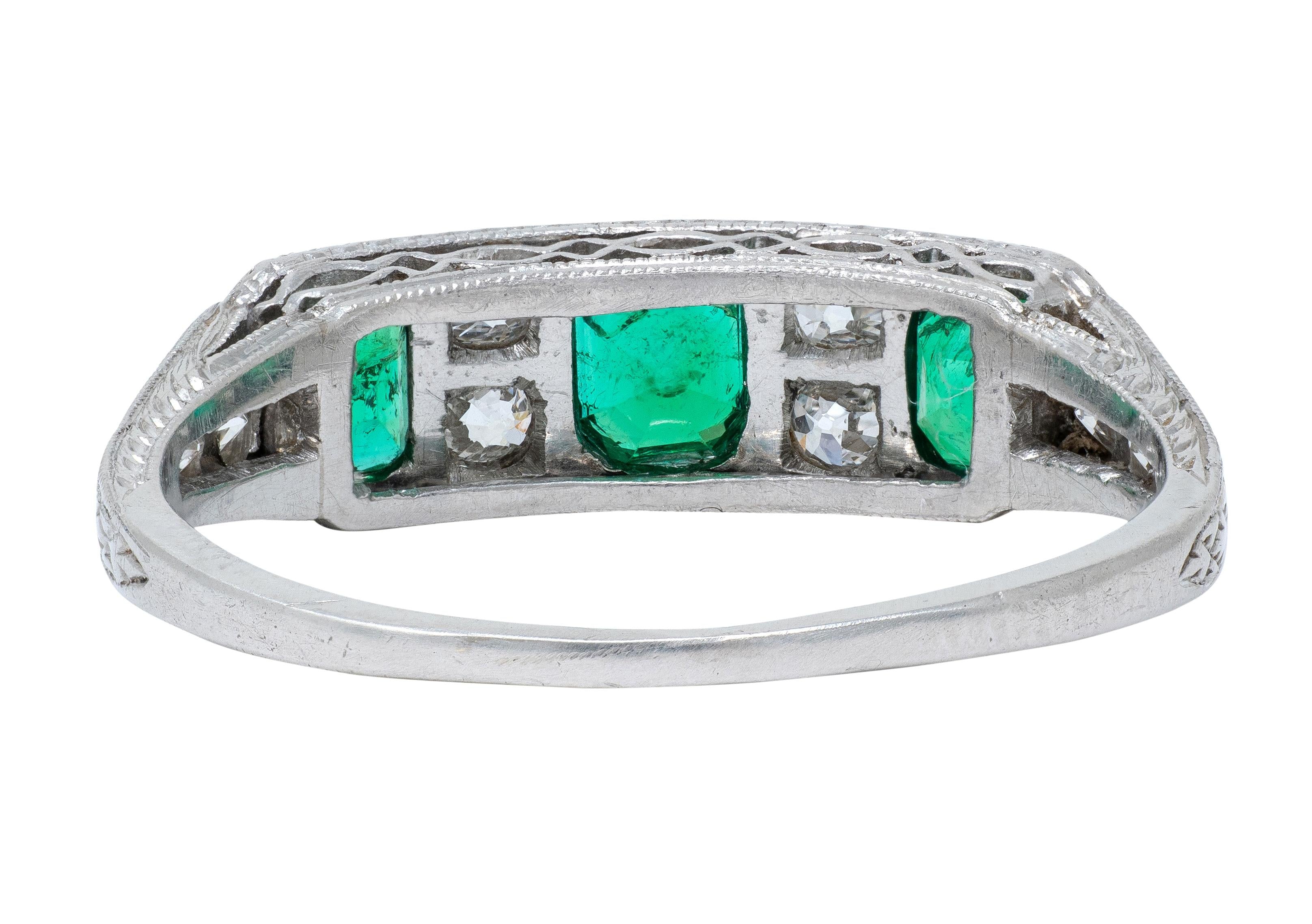Art Deco 1.05 CTW Emerald Diamond Platinum Vintage Band Ring