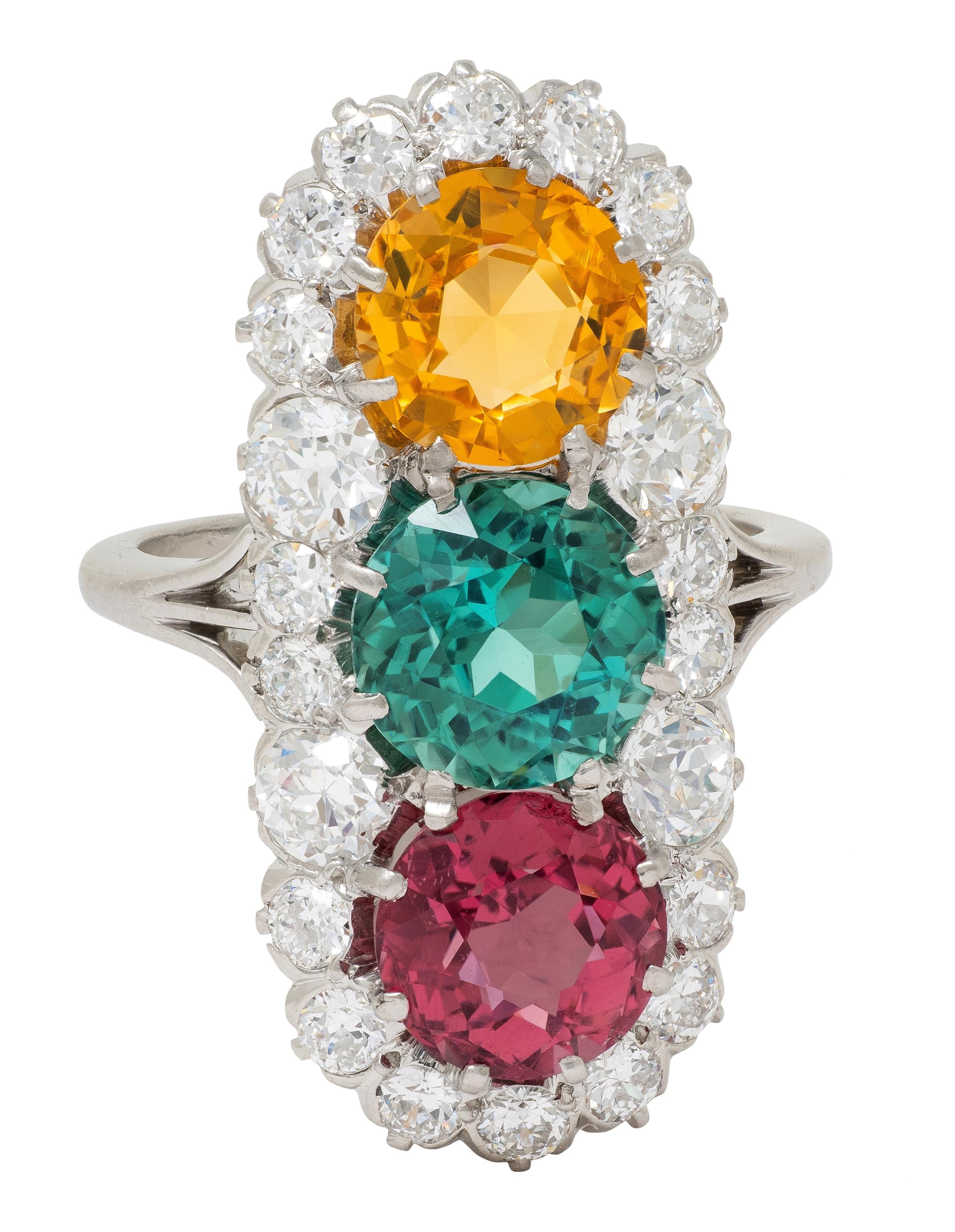 Art Deco Tri-Color Tourmaline Topaz Diamond Platinum Vintage Dinner Ring
