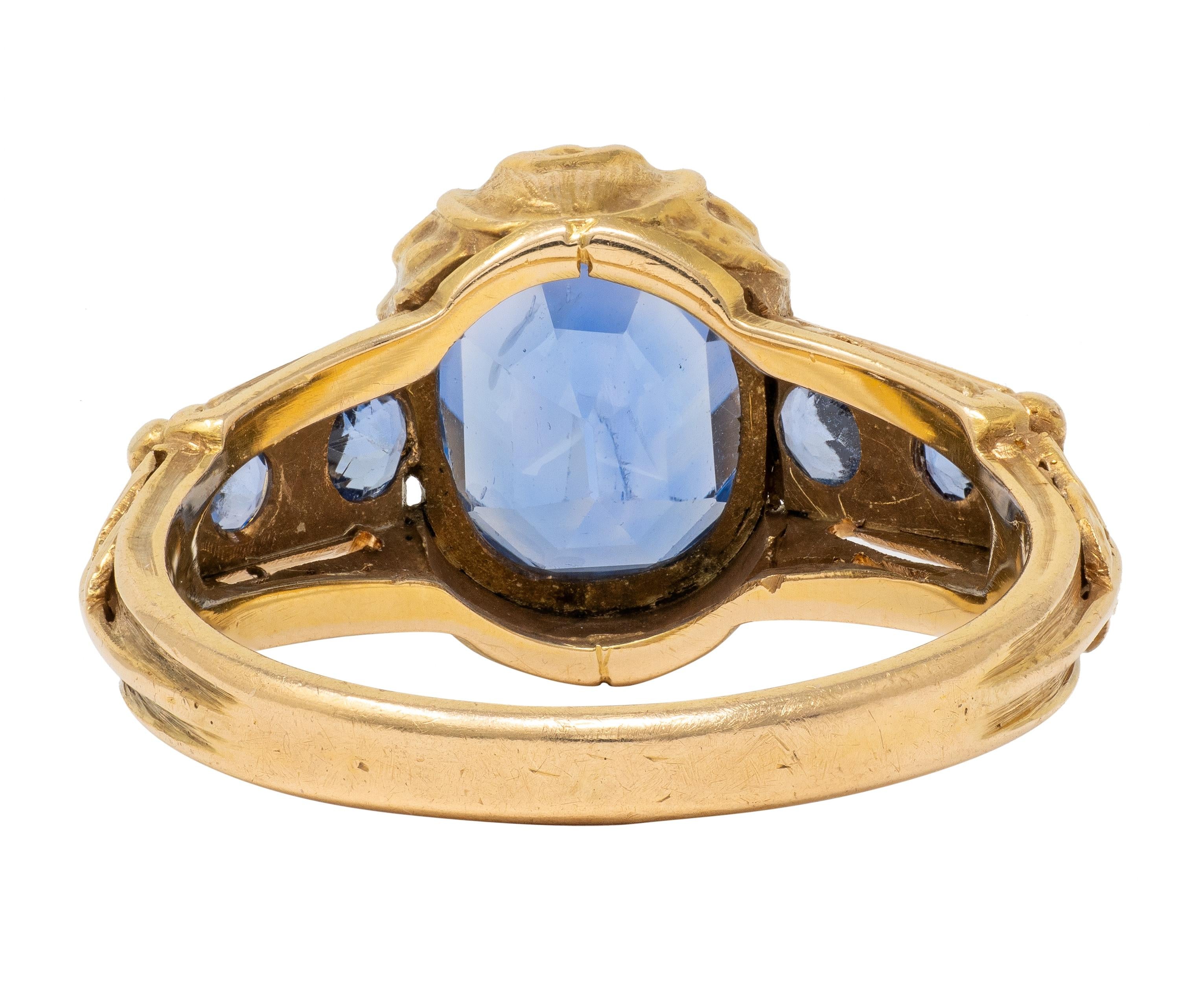 1905 Art Nouveau 3.54 CTW Sapphire 14 Karat Yellow Gold Antique Flower Ring