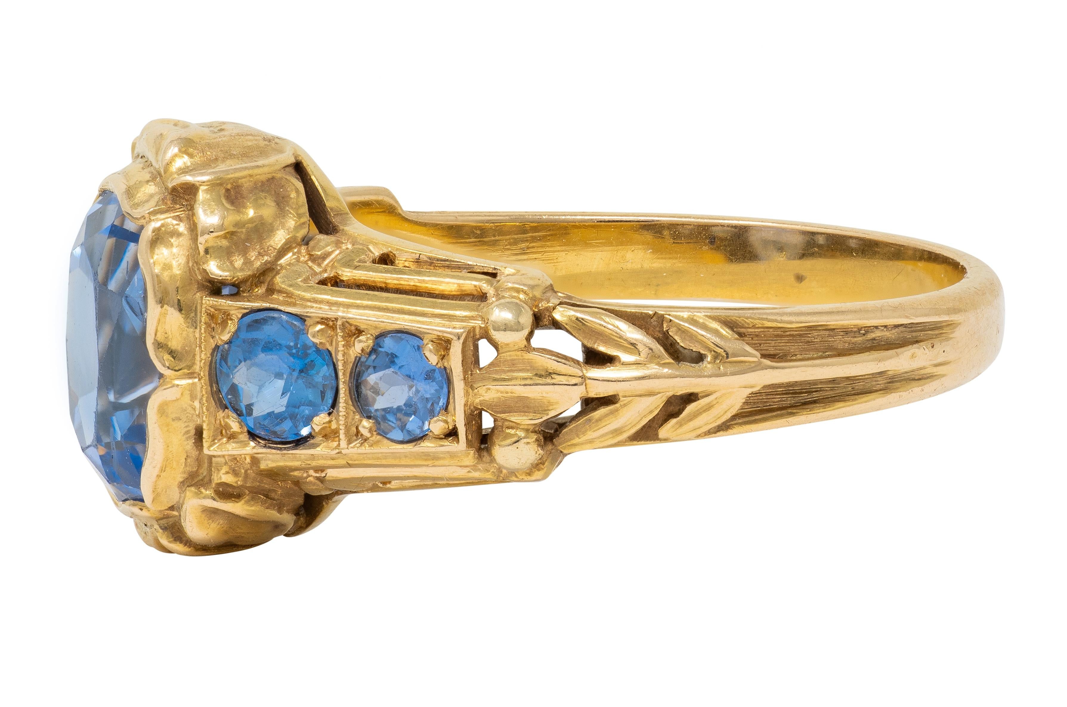 1905 Art Nouveau 3.54 CTW Sapphire 14 Karat Yellow Gold Antique Flower Ring