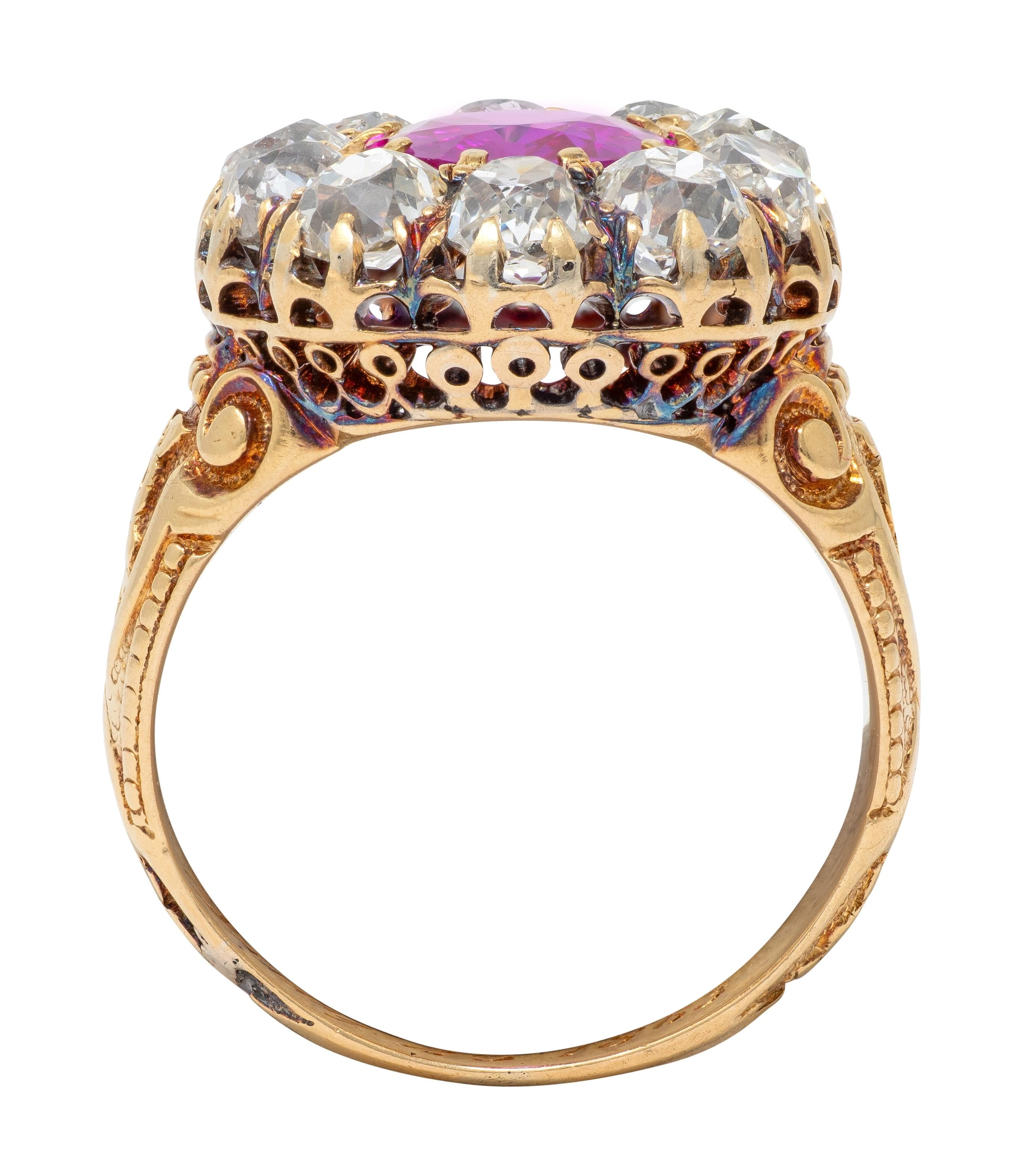 Victorian 1863 No Heat Burma Pink Sapphire Diamond 18K Gold Antique Halo Ring