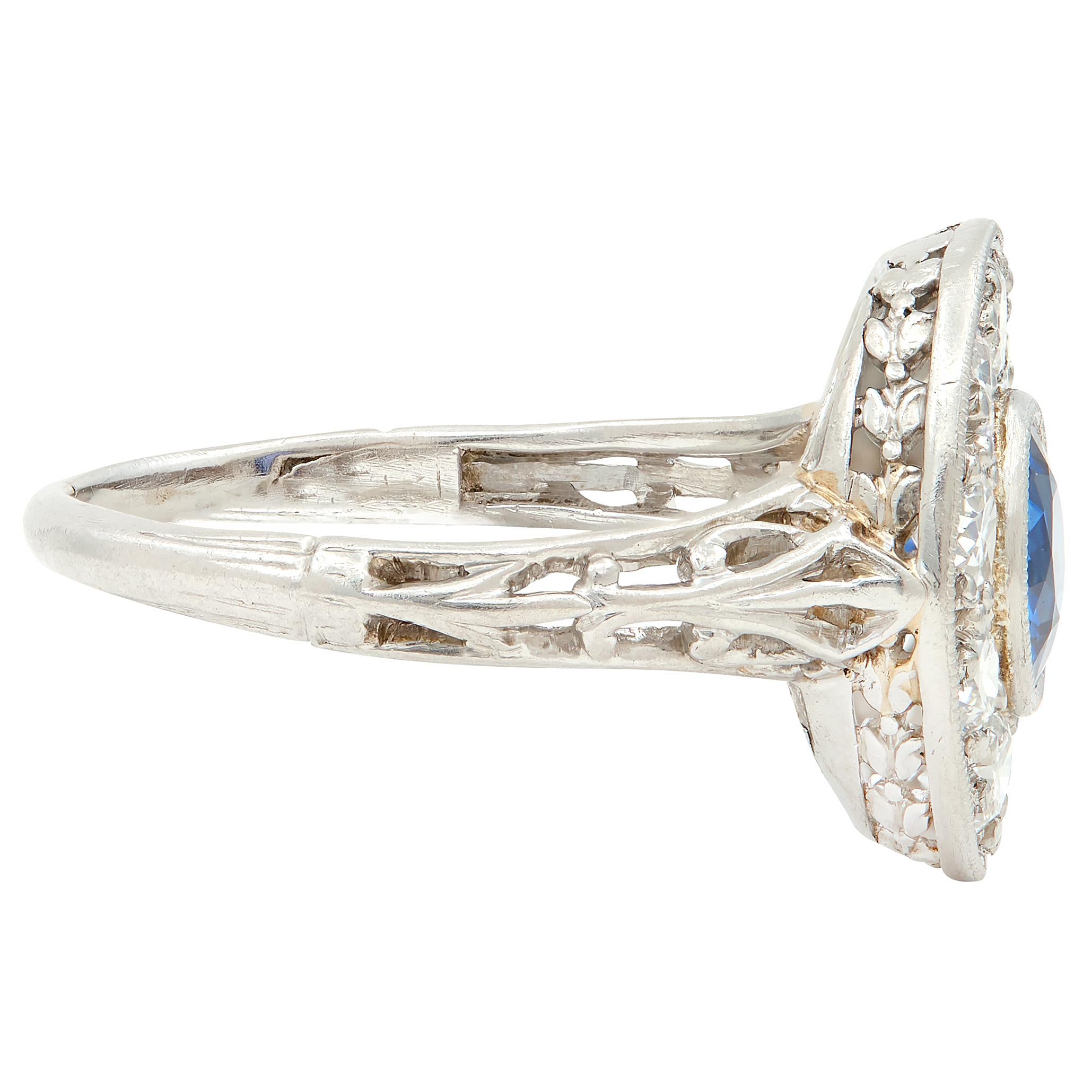 Art Deco 1.76 CTW Sapphire Diamond Platinum Antique Laurel Halo Ring