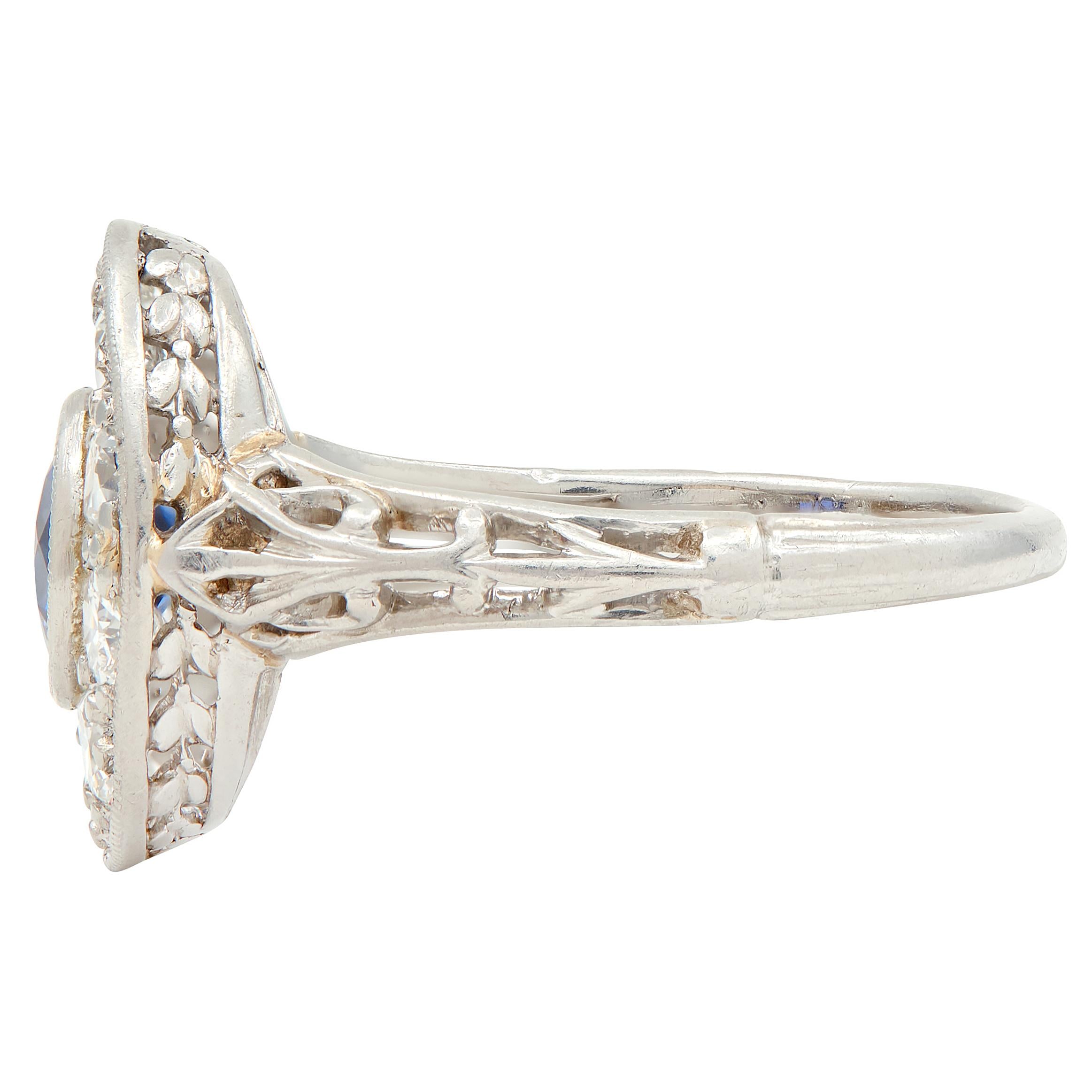 Art Deco 1.76 CTW Sapphire Diamond Platinum Antique Laurel Halo Ring