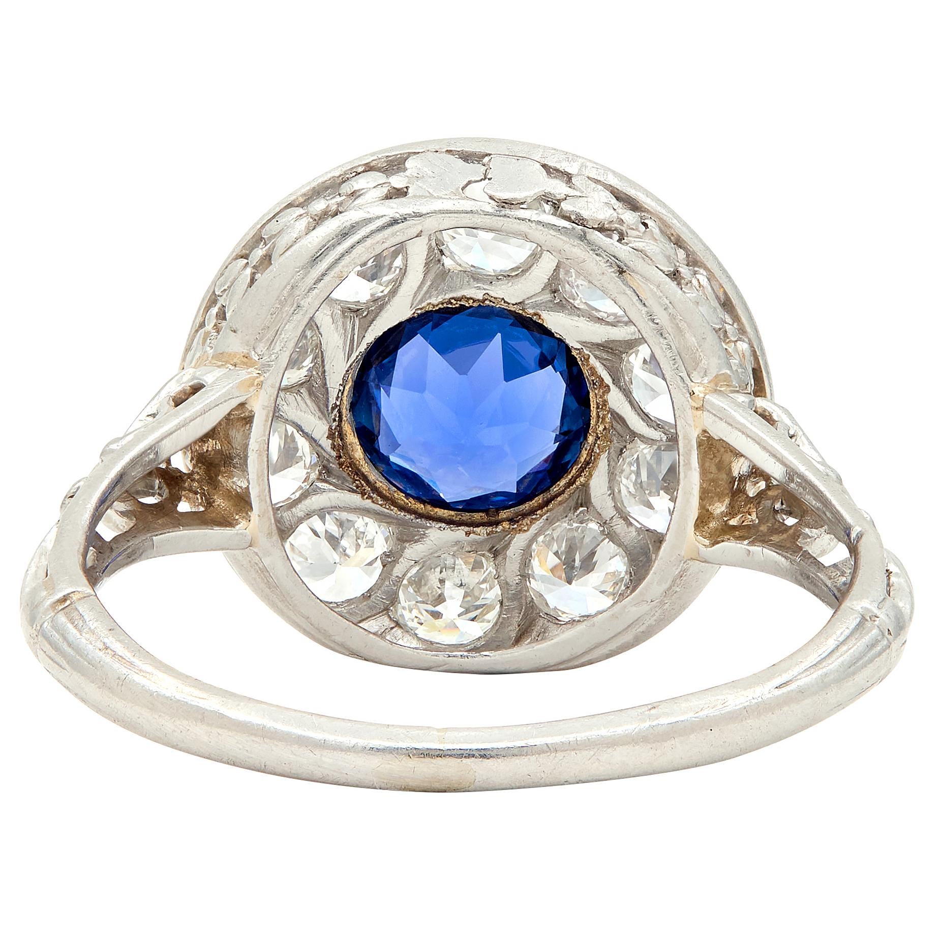 Art Deco 1.76 CTW Sapphire Diamond Platinum Antique Laurel Halo Ring