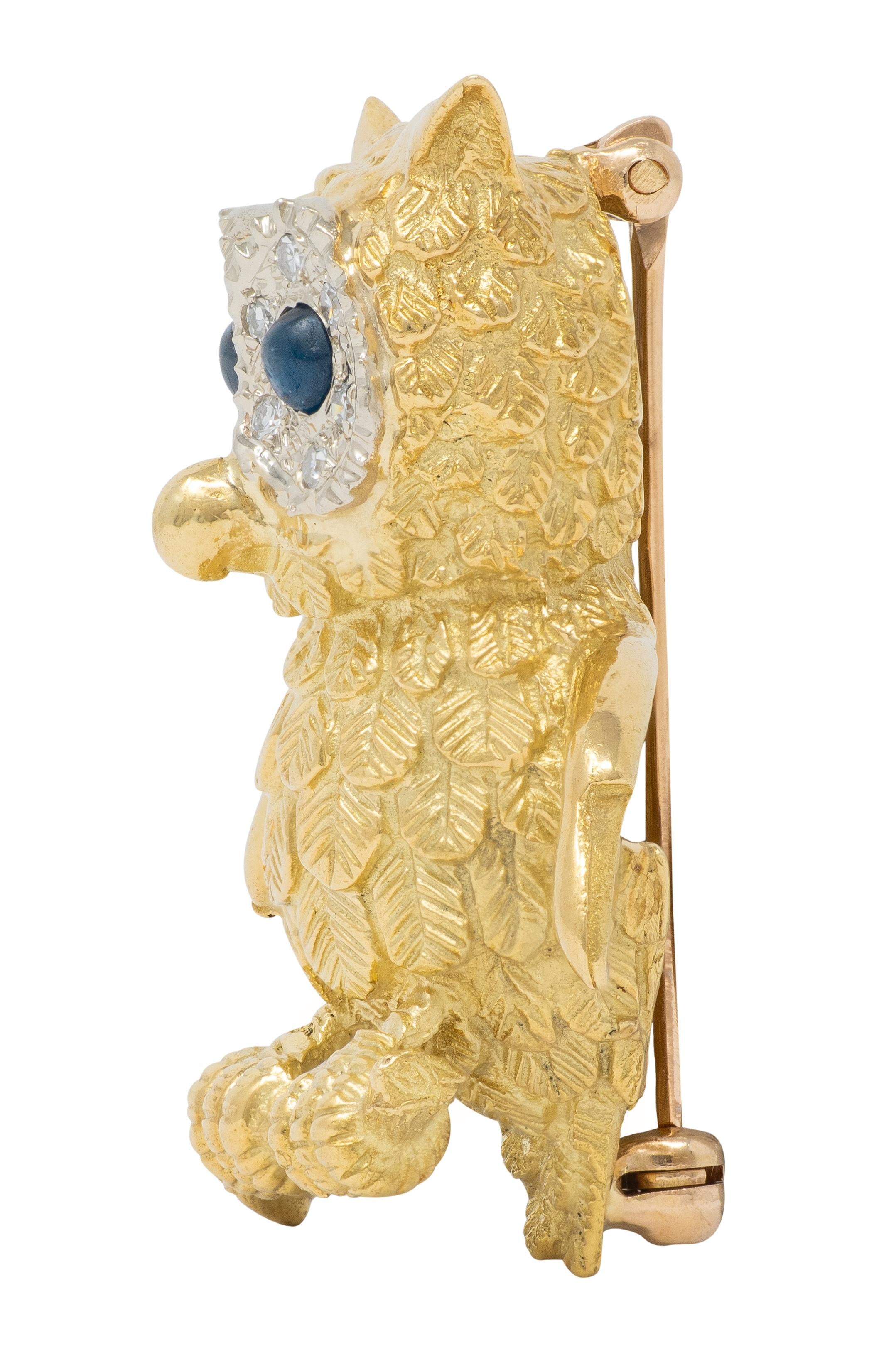 Vintage 18 Karat Yellow Gold Sapphire Diamond Whimsical Owl Bird Brooch